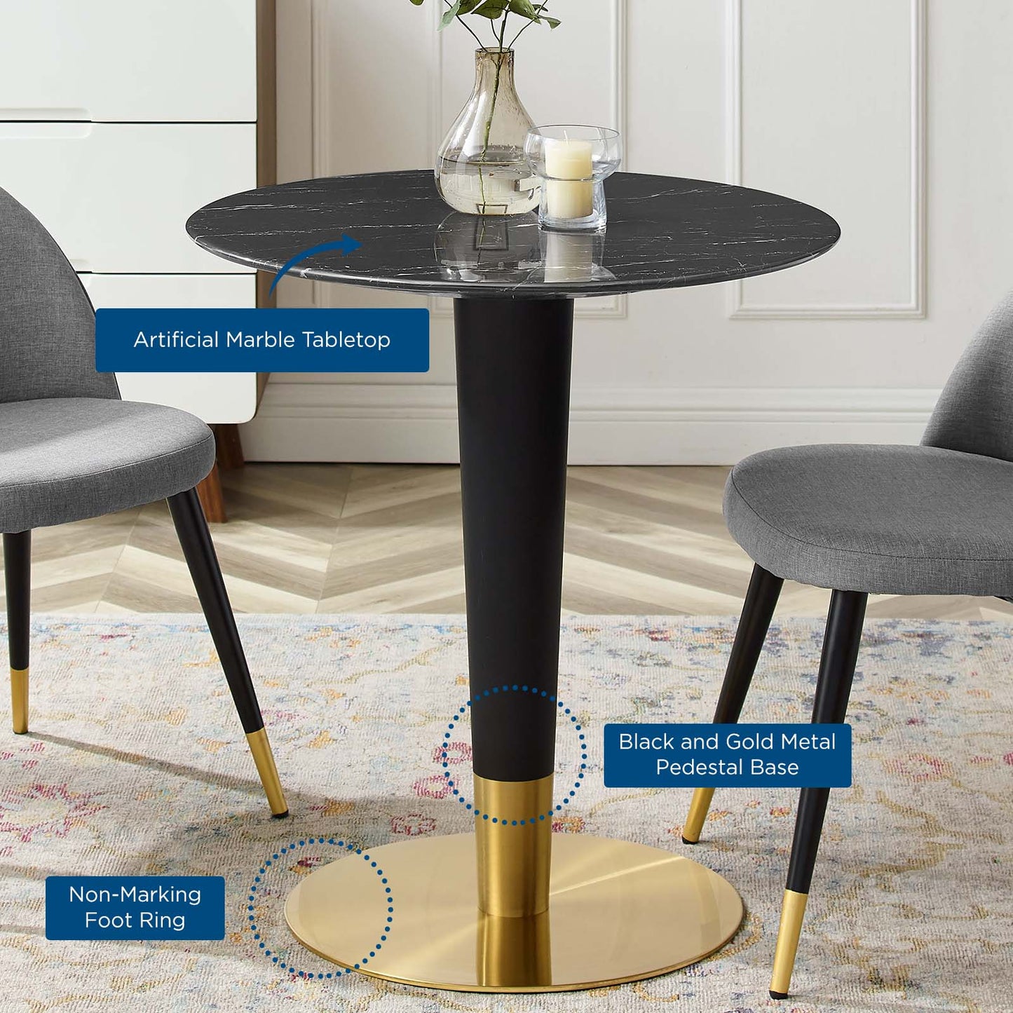 Zinque 28" Artificial Marble Dining Table, Artificial Marble, Metal Steel, Gold Black, 20890
