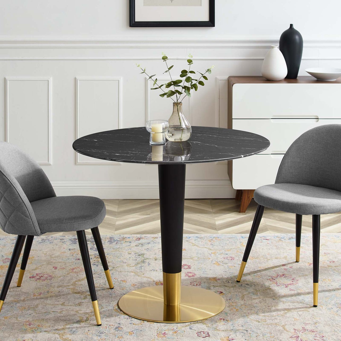 Zinque 36" Artificial Marble Dining Table, Artificial Marble, Metal Steel, Gold Black, 20891