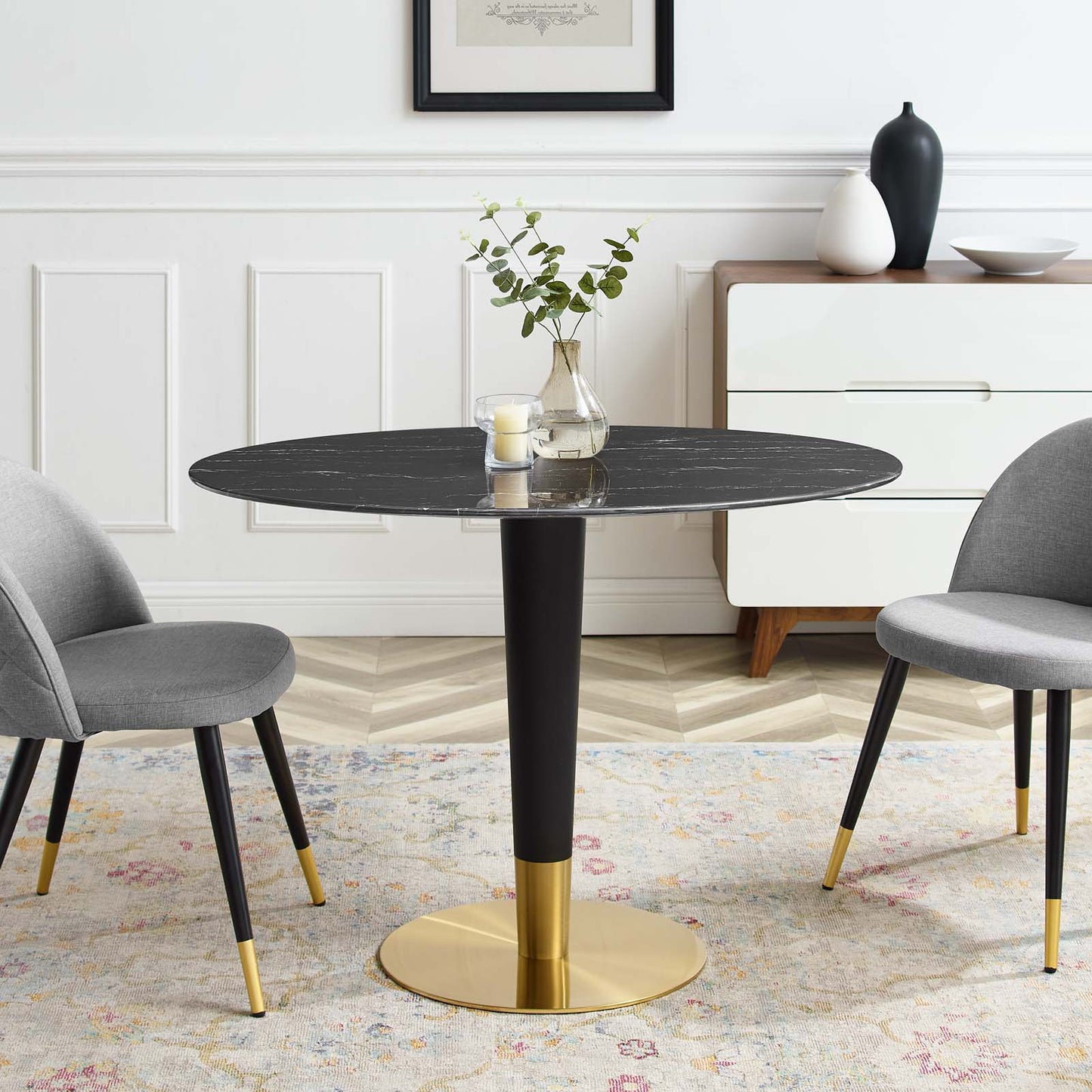 Zinque 42" Oval Artificial Marble Dining Table, Artificial Marble, Metal Steel, Gold Black, 20892