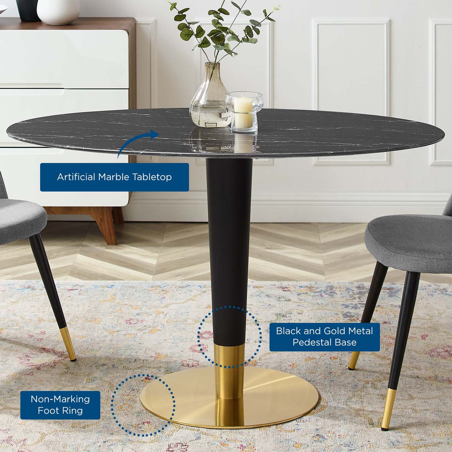 Zinque 48" Oval Artificial Marble Dining Table, Artificial Marble, Metal Steel, Gold Black, 20893
