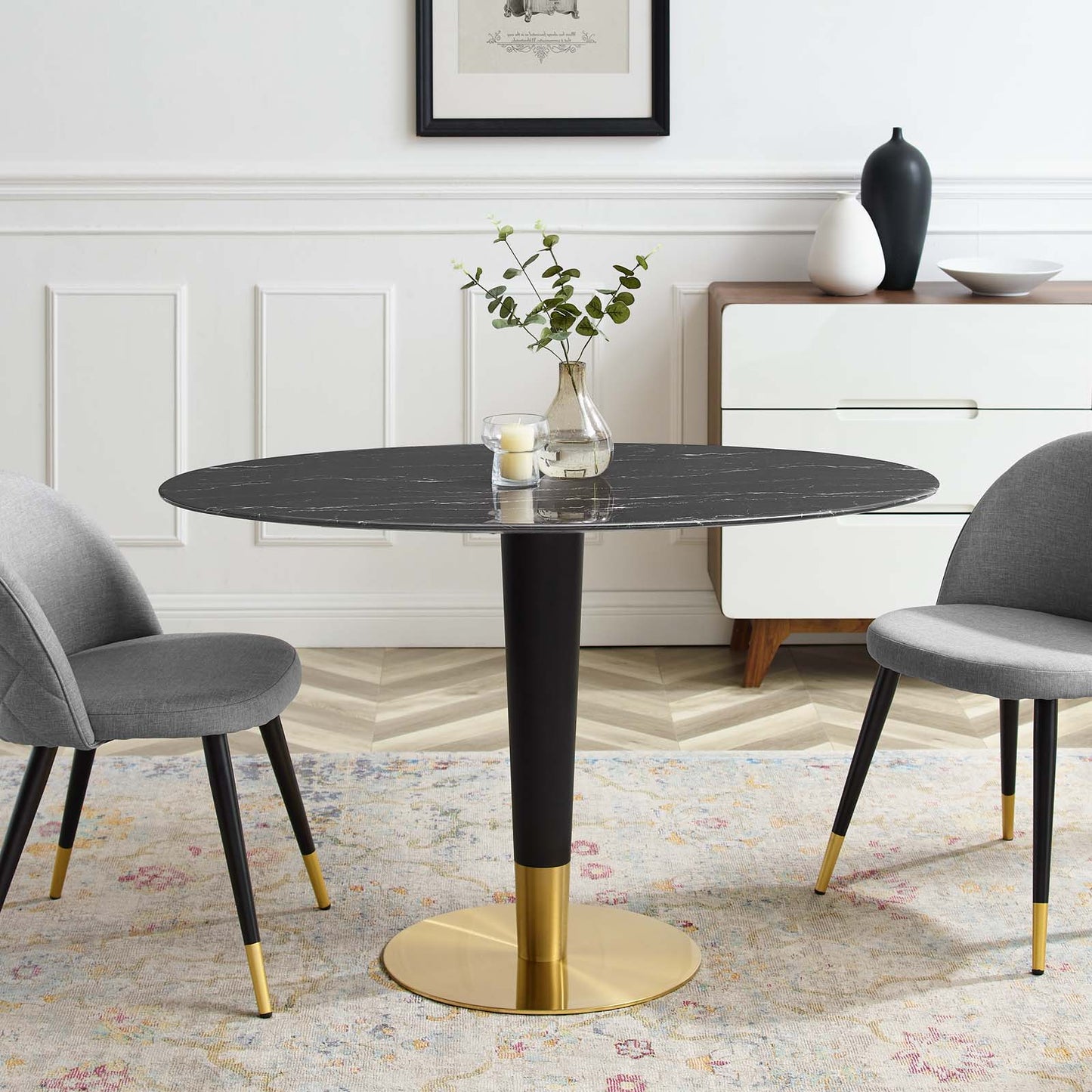 Zinque 48" Oval Artificial Marble Dining Table, Artificial Marble, Metal Steel, Gold Black, 20893