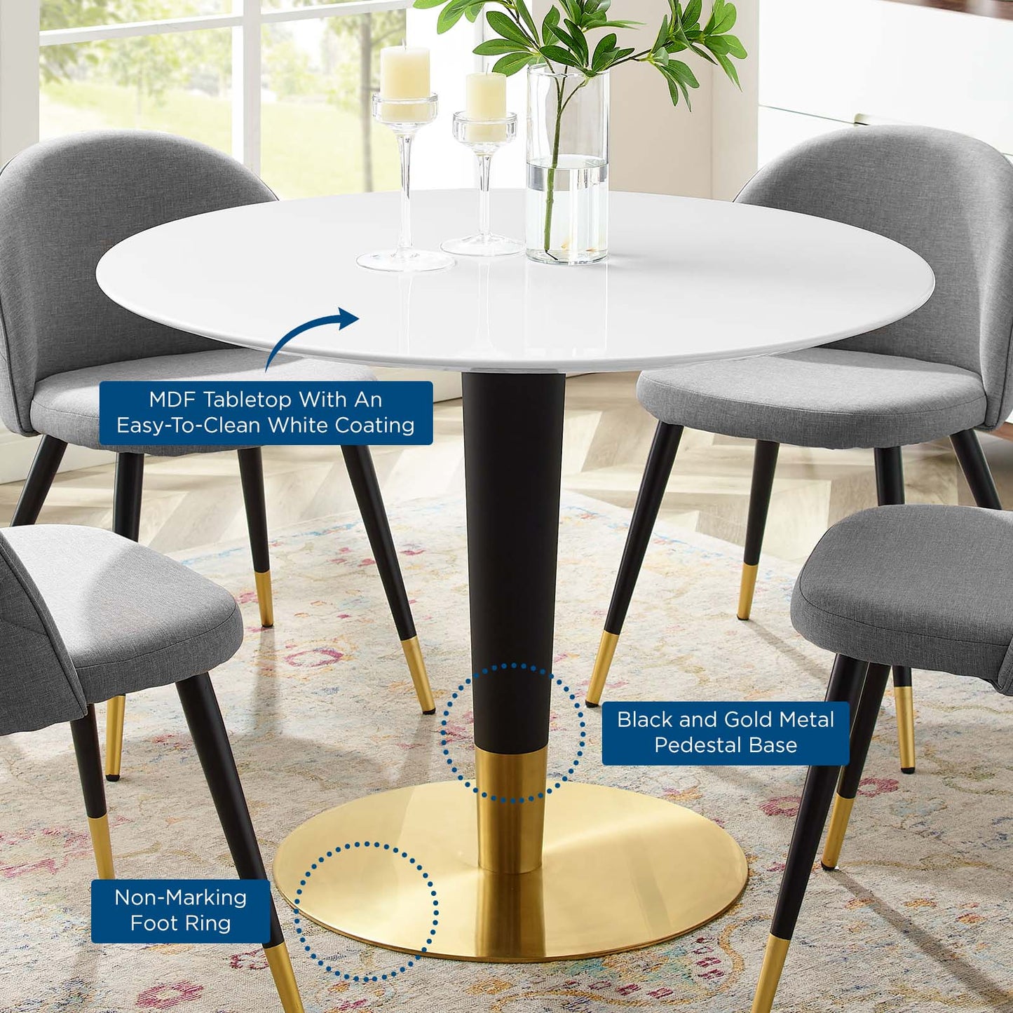 Zinque 40" Dining Table, Wood, Metal Steel, Gold White, 20894