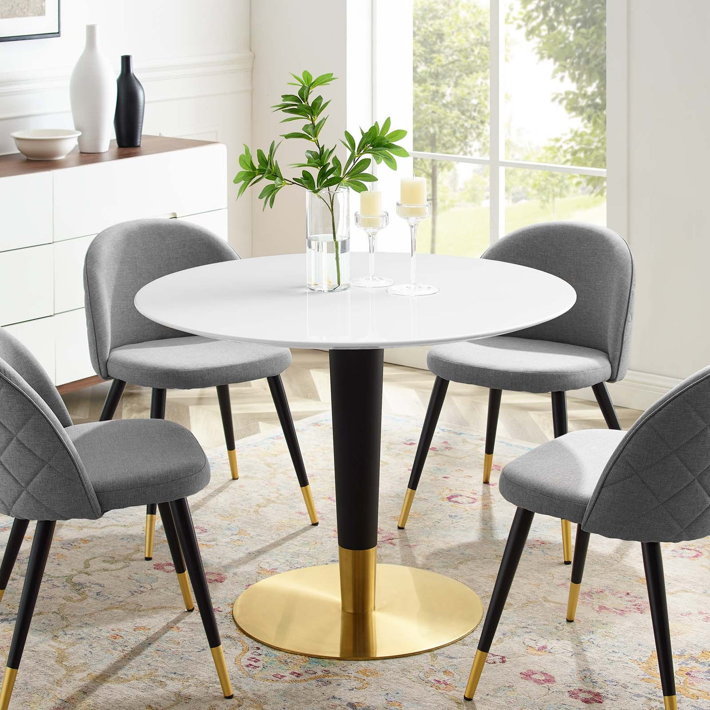 Zinque 40" Dining Table, Wood, Metal Steel, Gold White, 20894