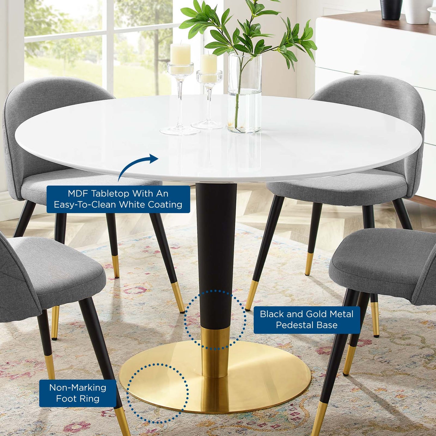 Zinque 47" Dining Table, Wood, Metal Steel, Gold White, 20895