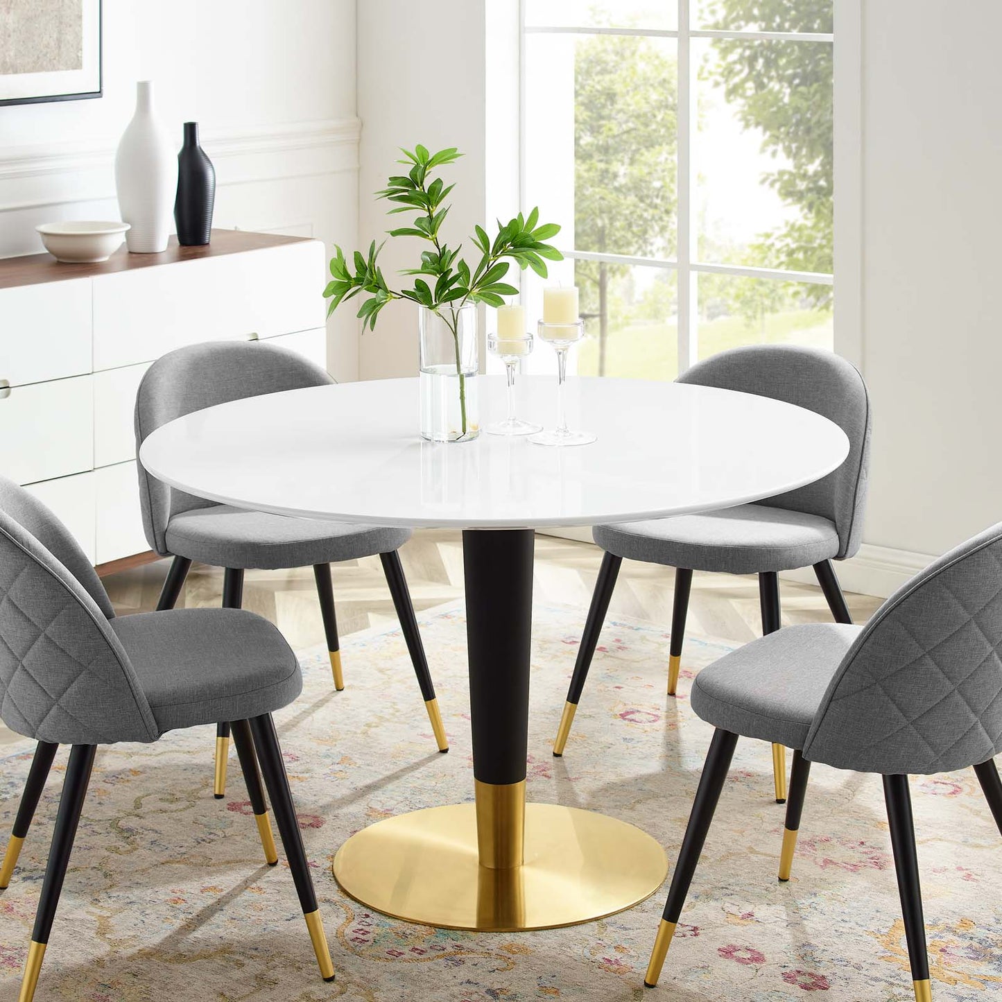 Zinque 47" Dining Table, Wood, Metal Steel, Gold White, 20895