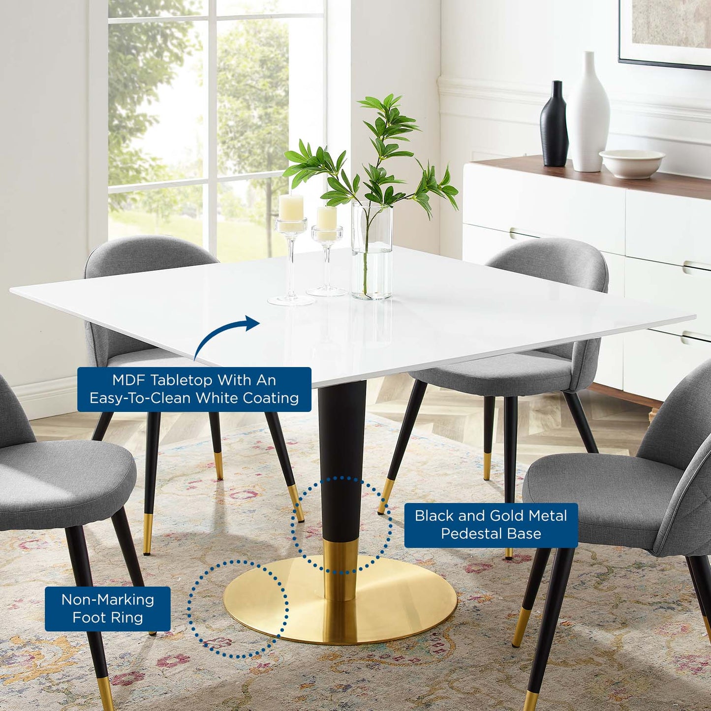 Zinque 47" Square Dining Table, Wood, Metal Steel, Gold White, 20896