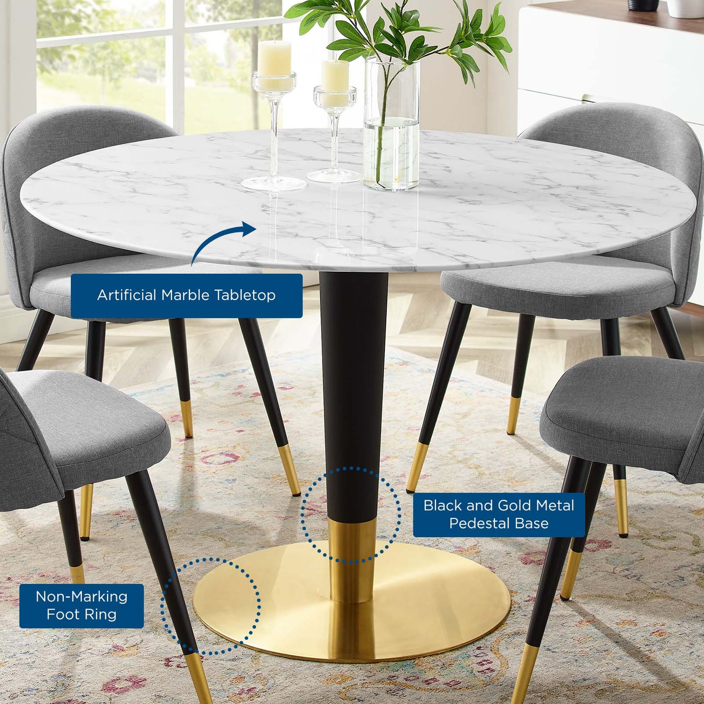Zinque 47" Artificial Marble Dining Table, Artificial Marble, Metal Steel, Gold White, 20898