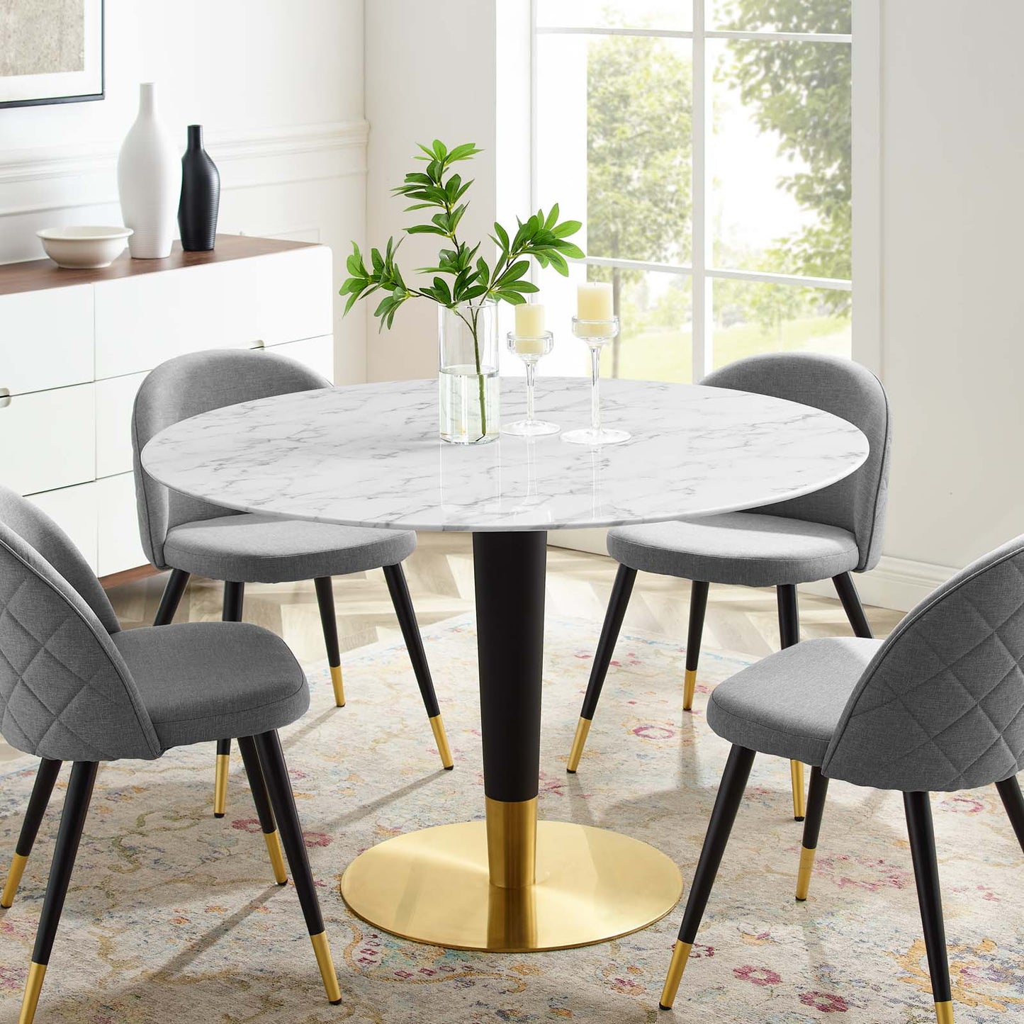 Zinque 47" Artificial Marble Dining Table, Artificial Marble, Metal Steel, Gold White, 20898