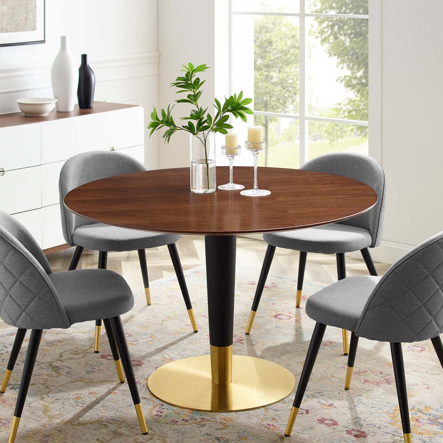 Zinque 47" Dining Table, Wood, Metal Steel, Gold Brown Brown Walnut, 20899
