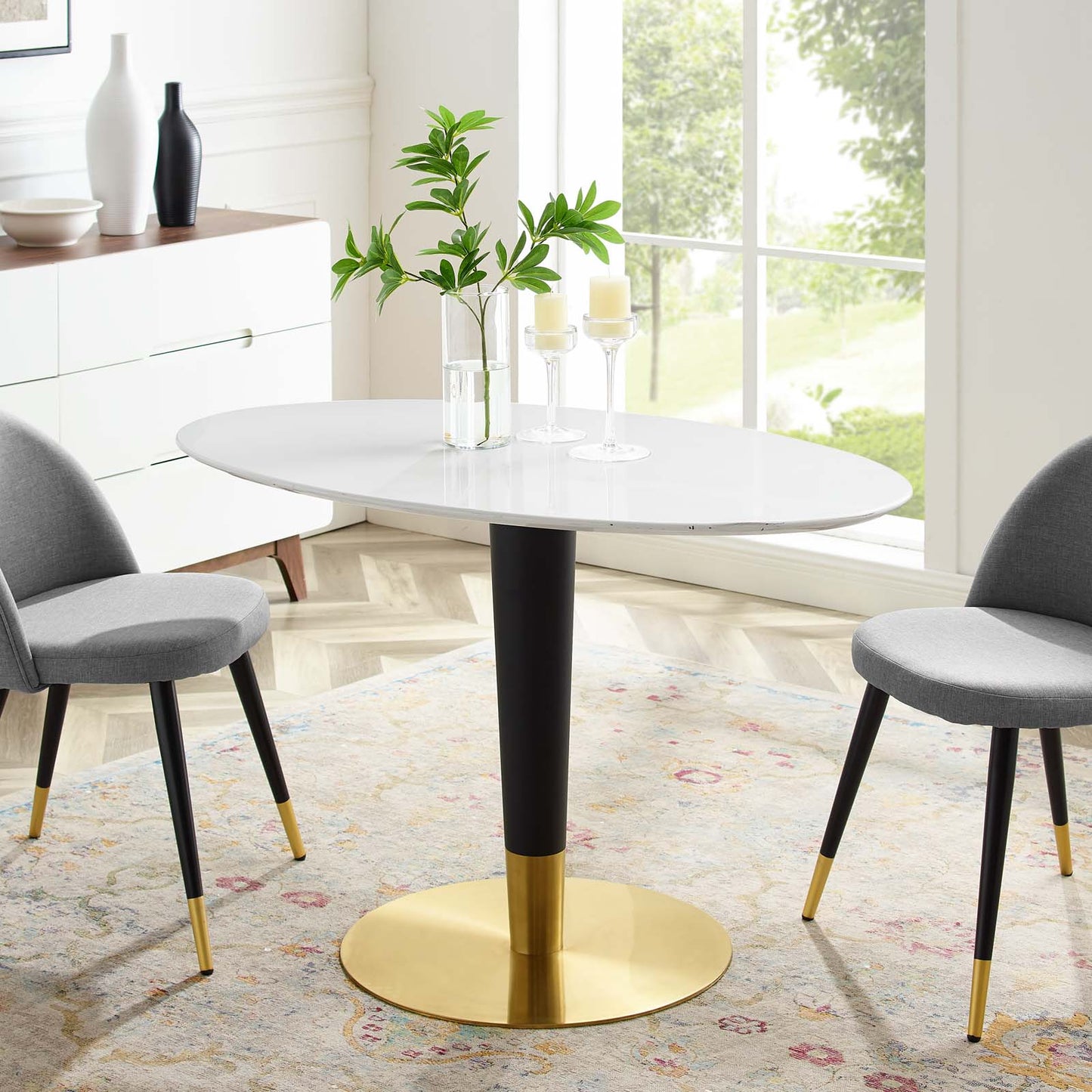 Zinque 48" Oval Dining Table, Wood, Metal Steel, Gold White, 20900