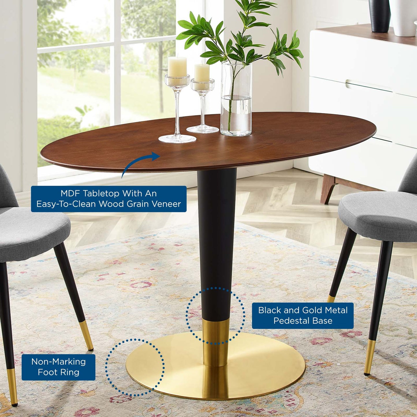 Zinque 48" Oval Dining Table, Wood, Metal Steel, Gold Brown Brown Walnut, 20901