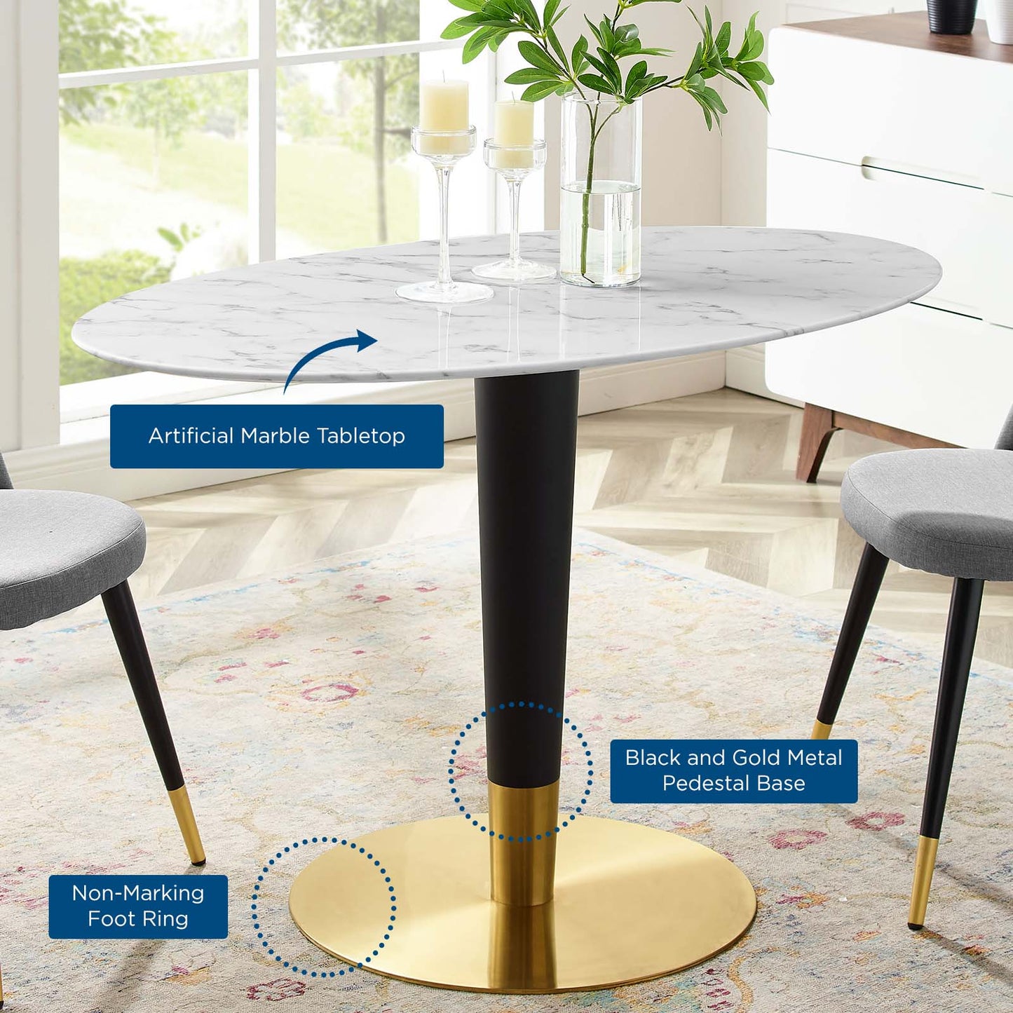 Zinque 48" Oval Artificial Marble Dining Table, Artificial Marble, Metal Steel, Gold White, 20902