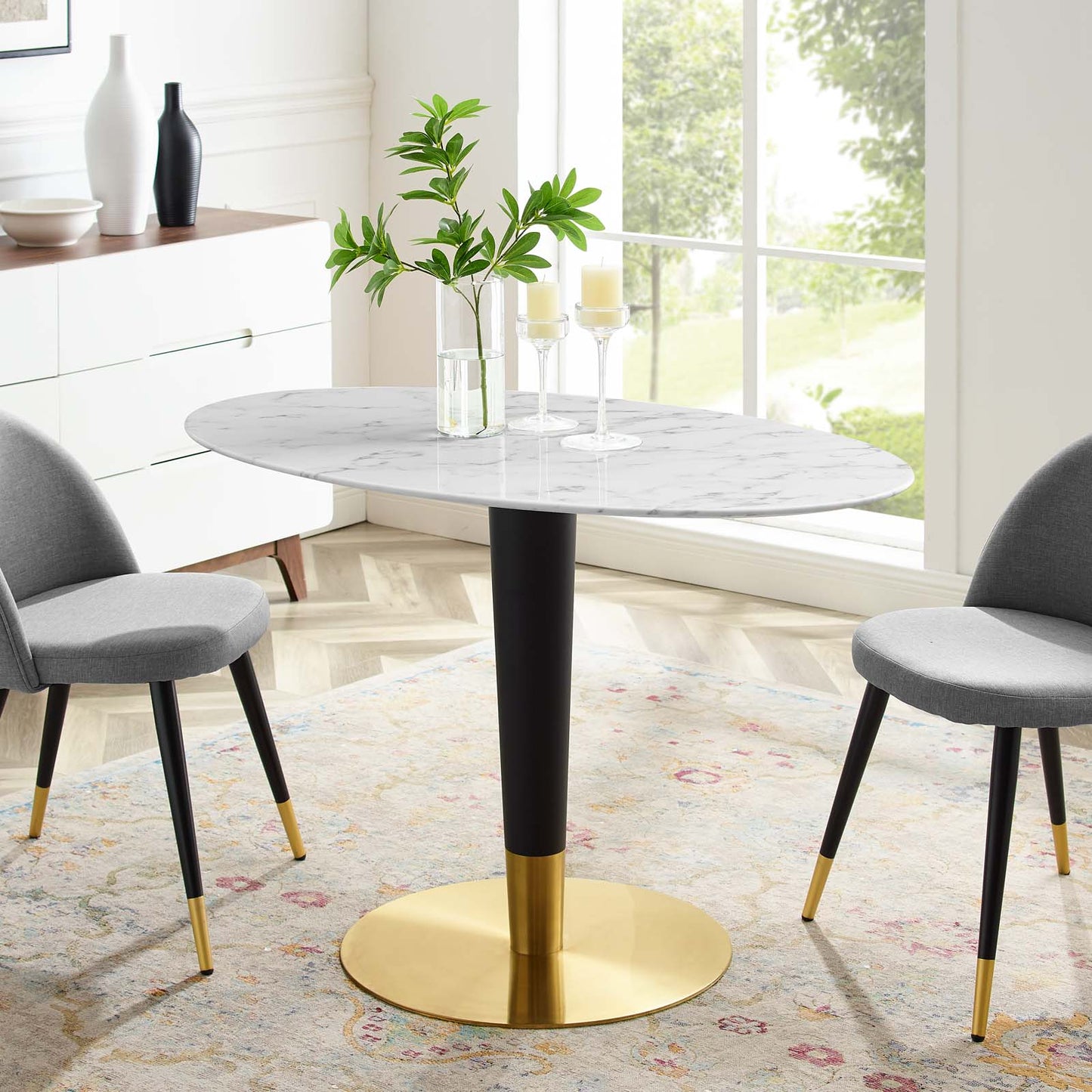 Zinque 48" Oval Artificial Marble Dining Table, Artificial Marble, Metal Steel, Gold White, 20902