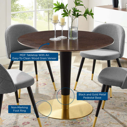 Zinque 40" Dining Table, Wood, Metal Steel, Gold Dark Brown Brown Walnut, 20903