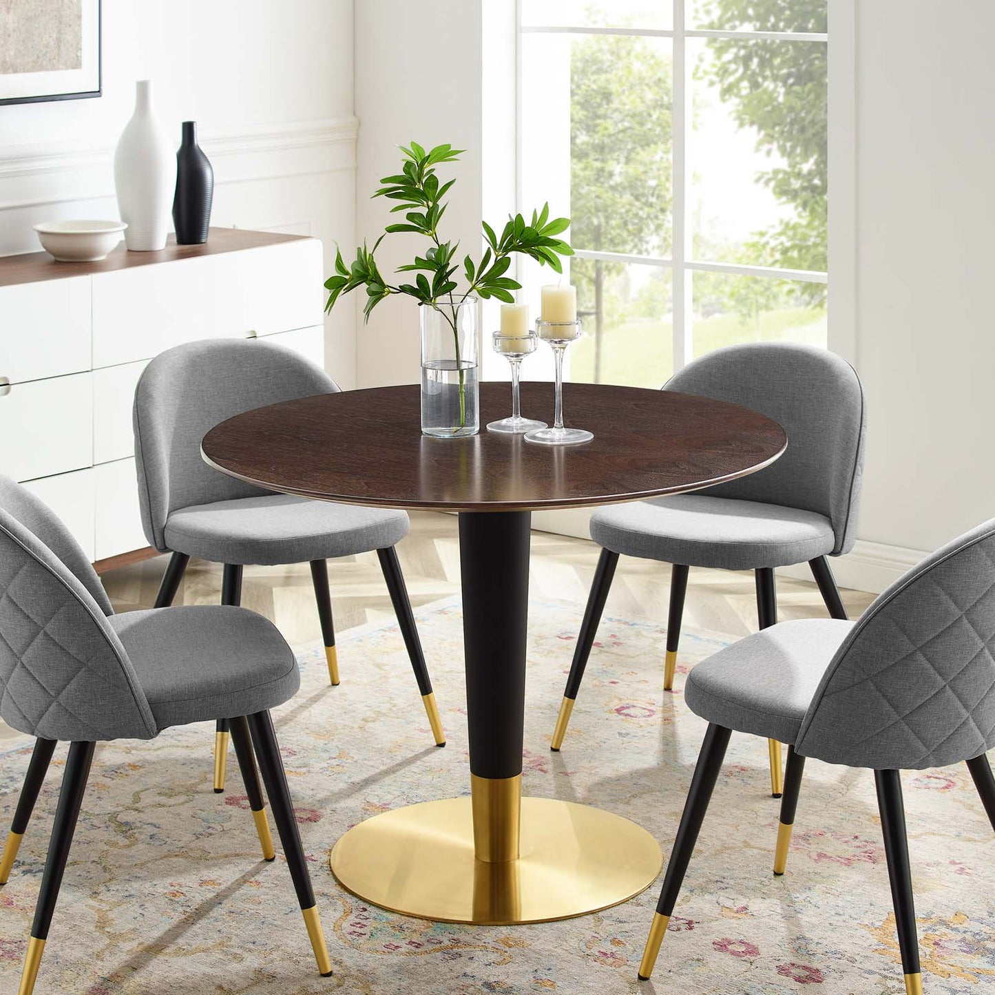 Zinque 40" Dining Table, Wood, Metal Steel, Gold Dark Brown Brown Walnut, 20903