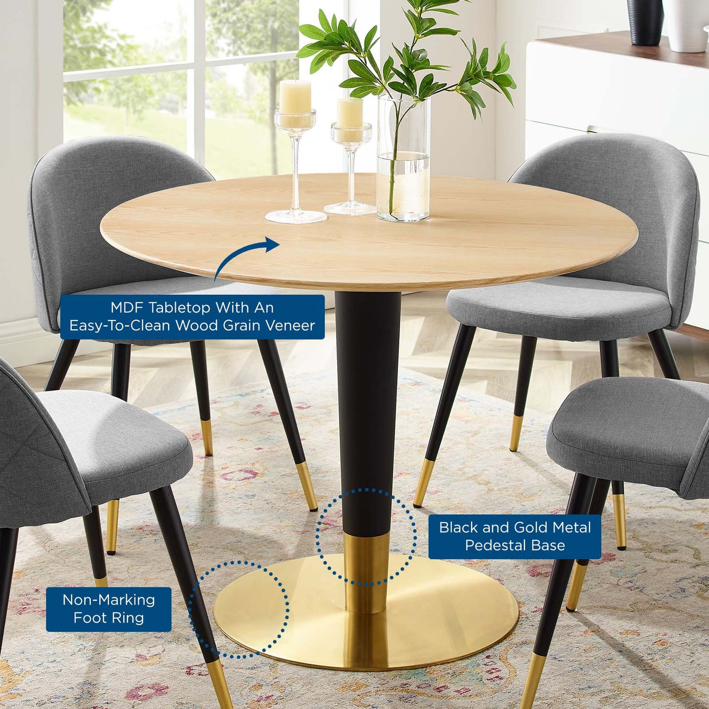Zinque 40" Dining Table, Wood, Metal Steel, Gold Brown Natural, 20904