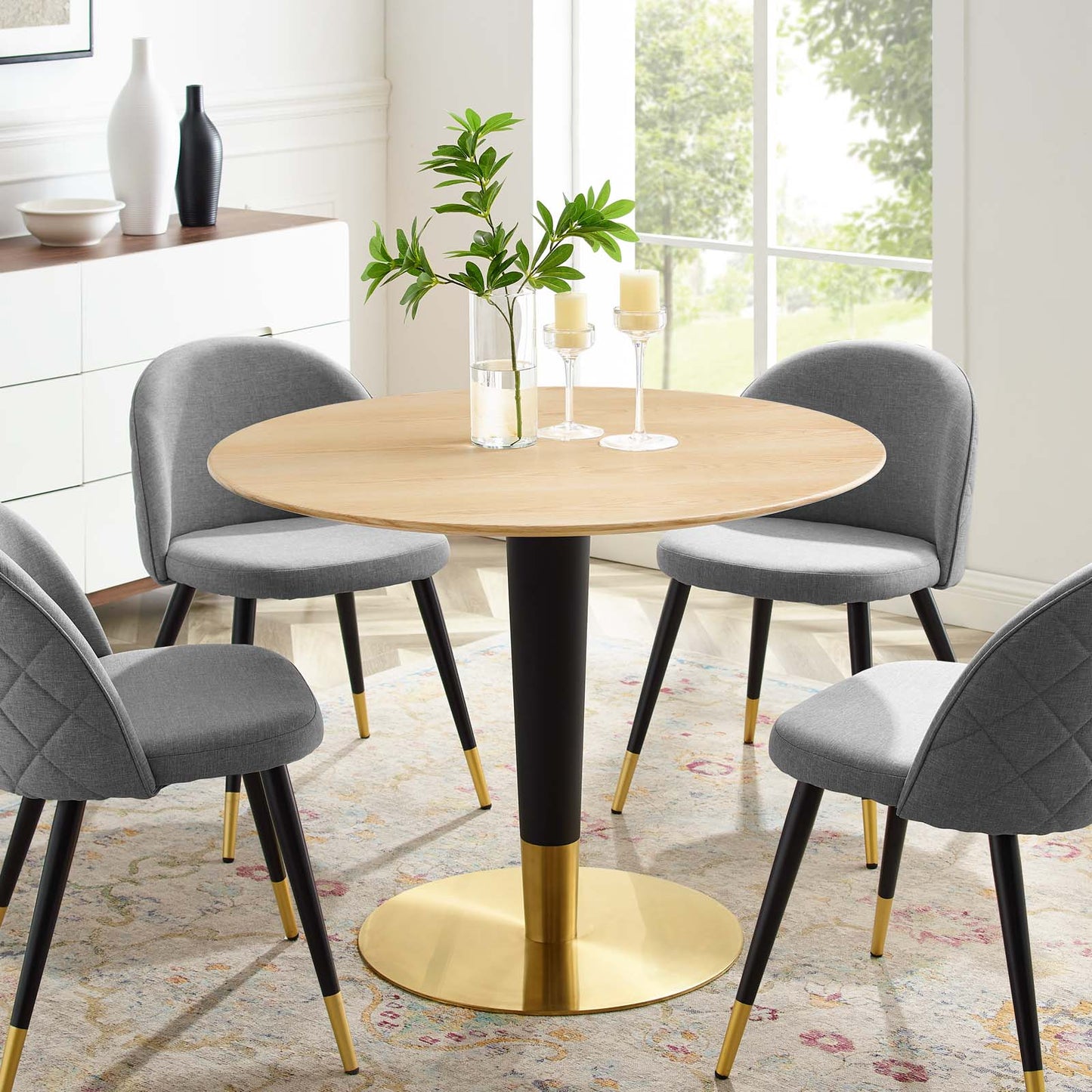 Zinque 40" Dining Table, Wood, Metal Steel, Gold Brown Natural, 20904