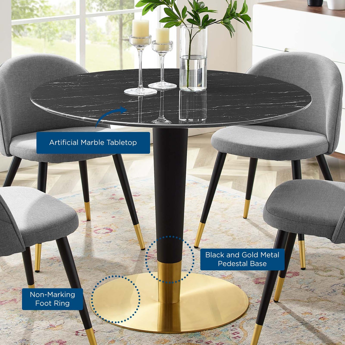 Zinque 40" Artificial Marble Dining Table, Artificial Marble, Metal Steel, Gold Black, 20907
