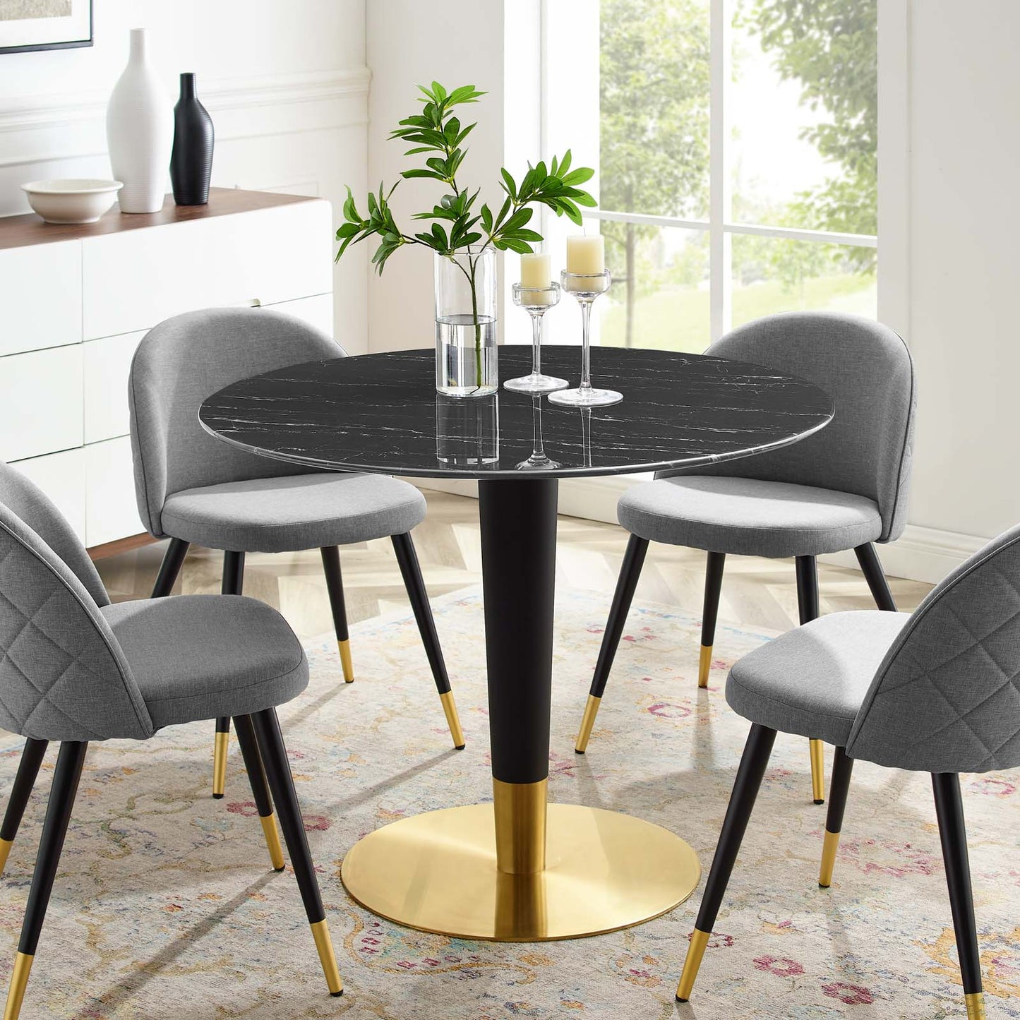 Zinque 40" Artificial Marble Dining Table, Artificial Marble, Metal Steel, Gold Black, 20907