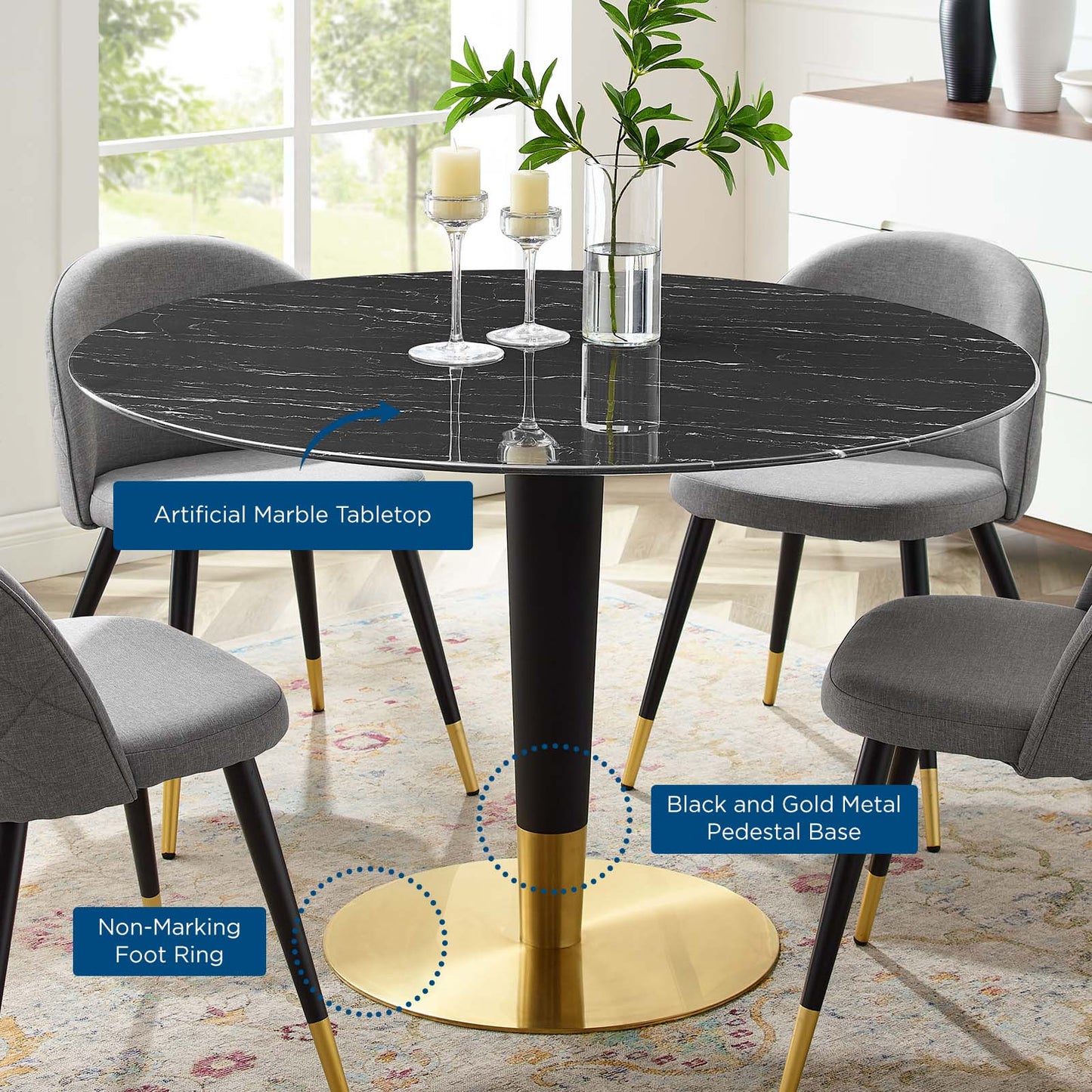 Zinque 47" Artificial Marble Dining Table, Artificial Marble, Metal Steel, Gold Black, 20908