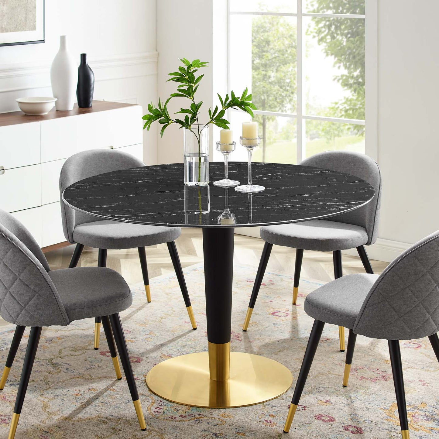Zinque 47" Artificial Marble Dining Table, Artificial Marble, Metal Steel, Gold Black, 20908
