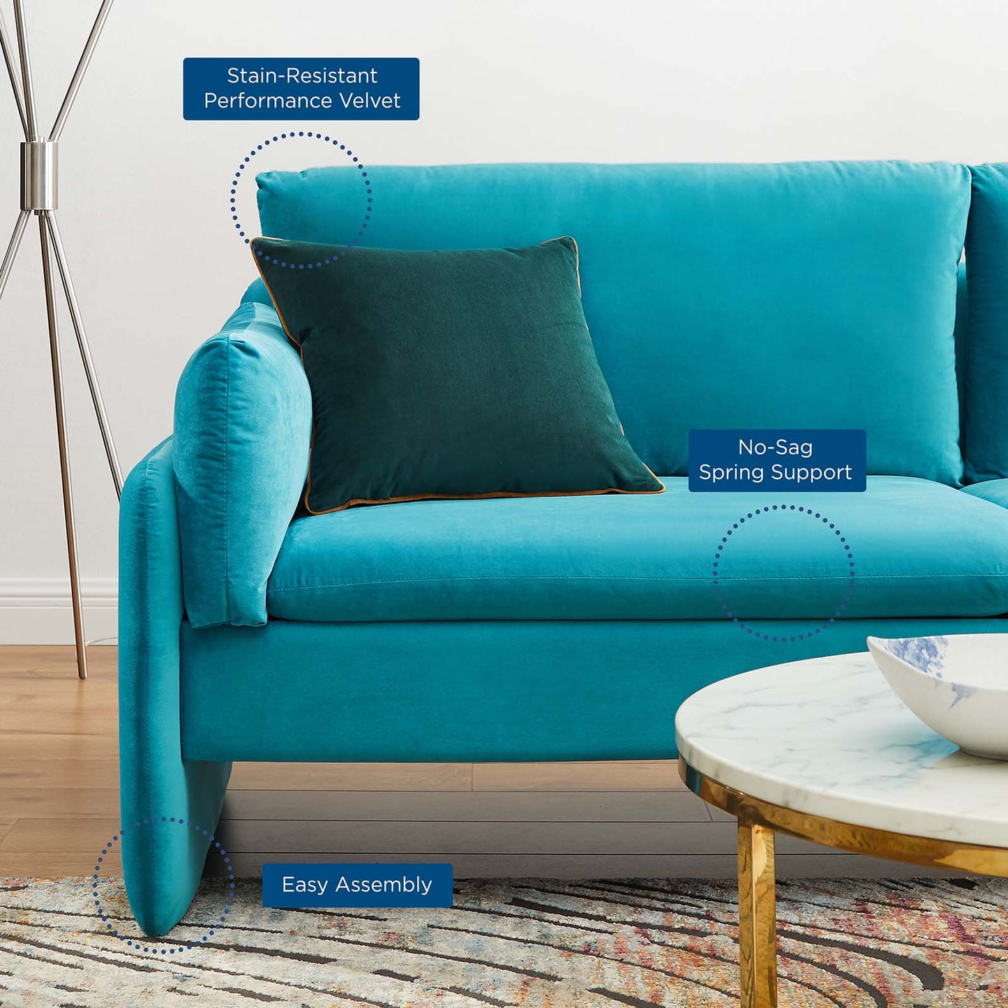 Indicate Performance Velvet Sofa, Velvet, Blue, 23304