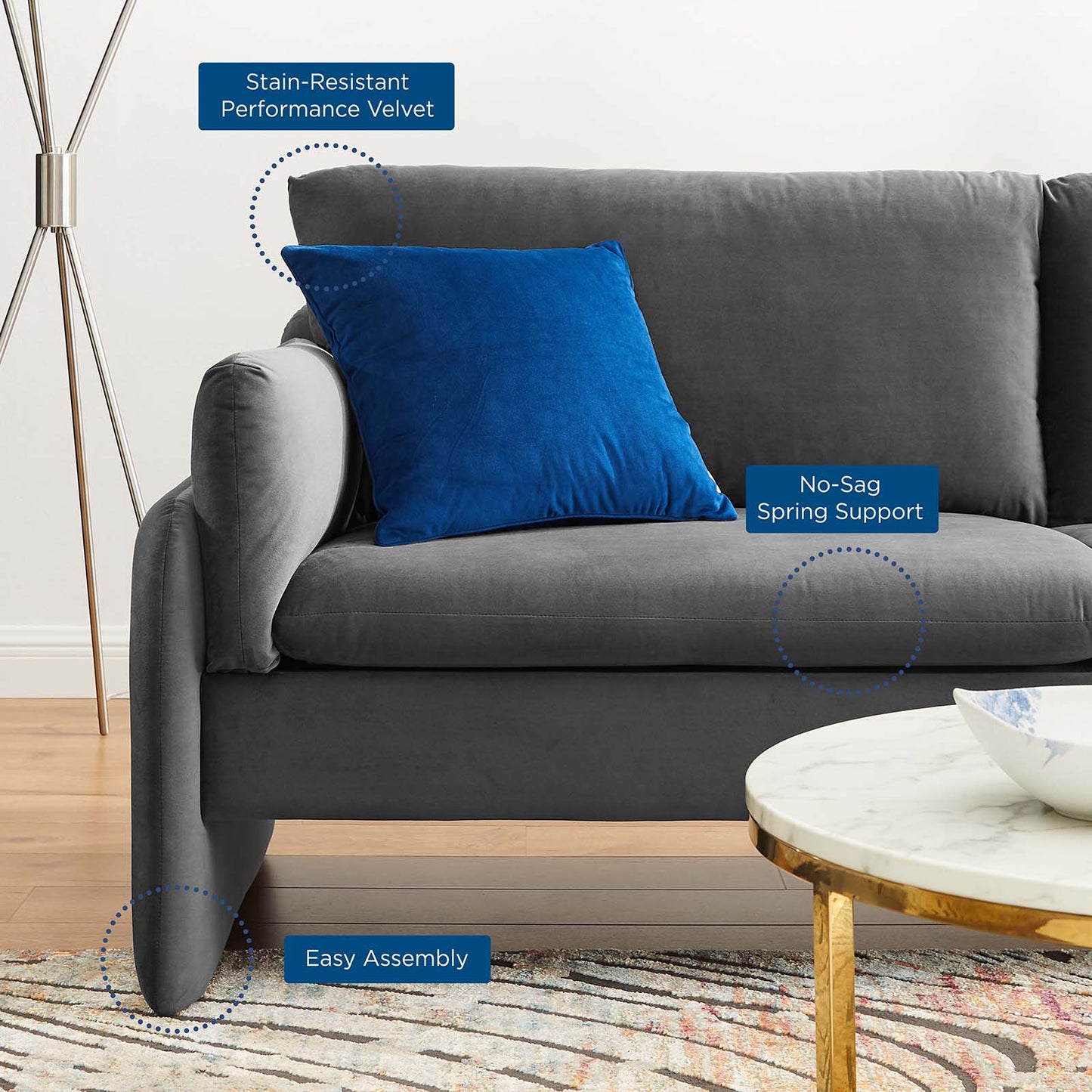 Indicate Performance Velvet Sofa, Velvet, Dark Grey Gray, 23305