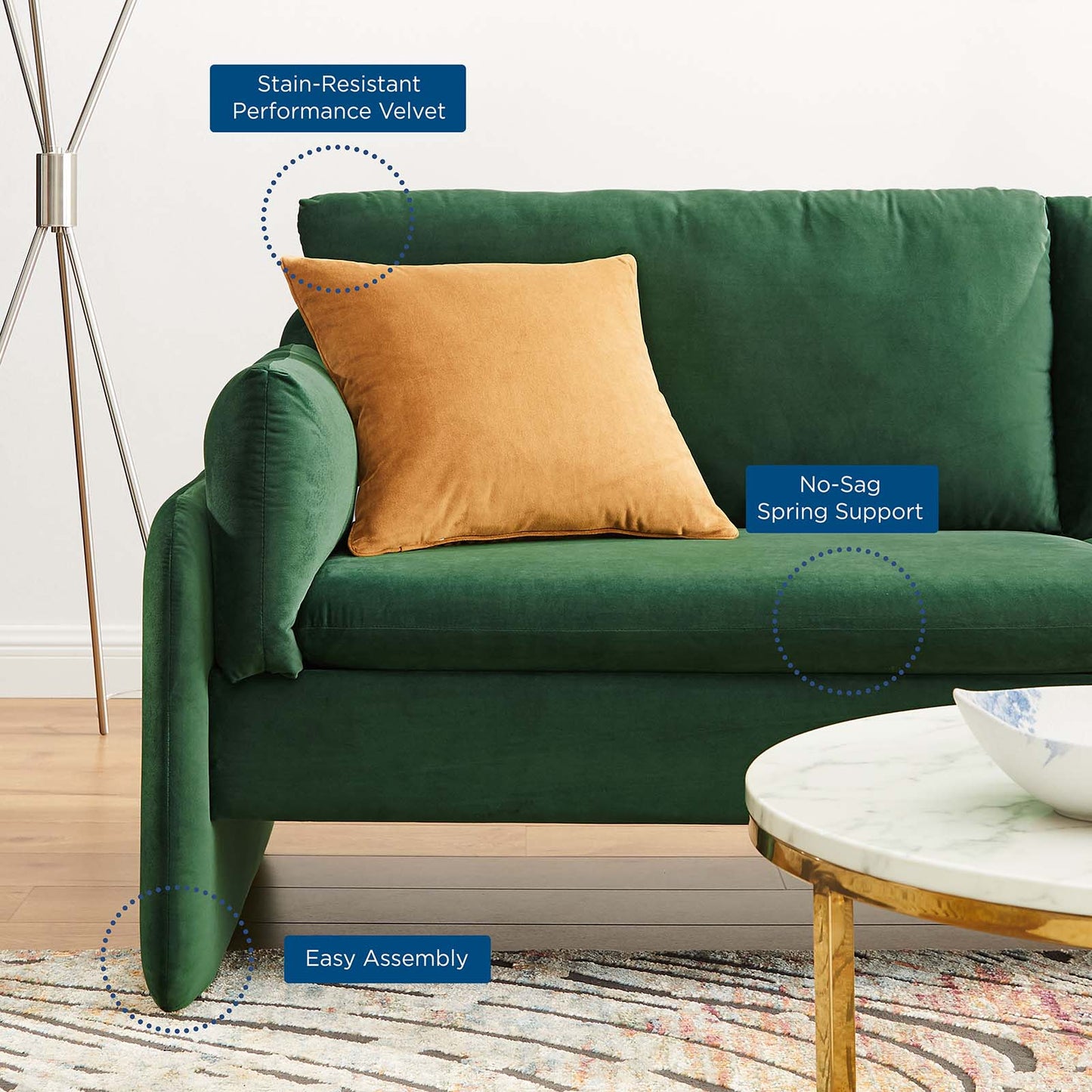 Indicate Performance Velvet Sofa, Velvet, Green, 23308