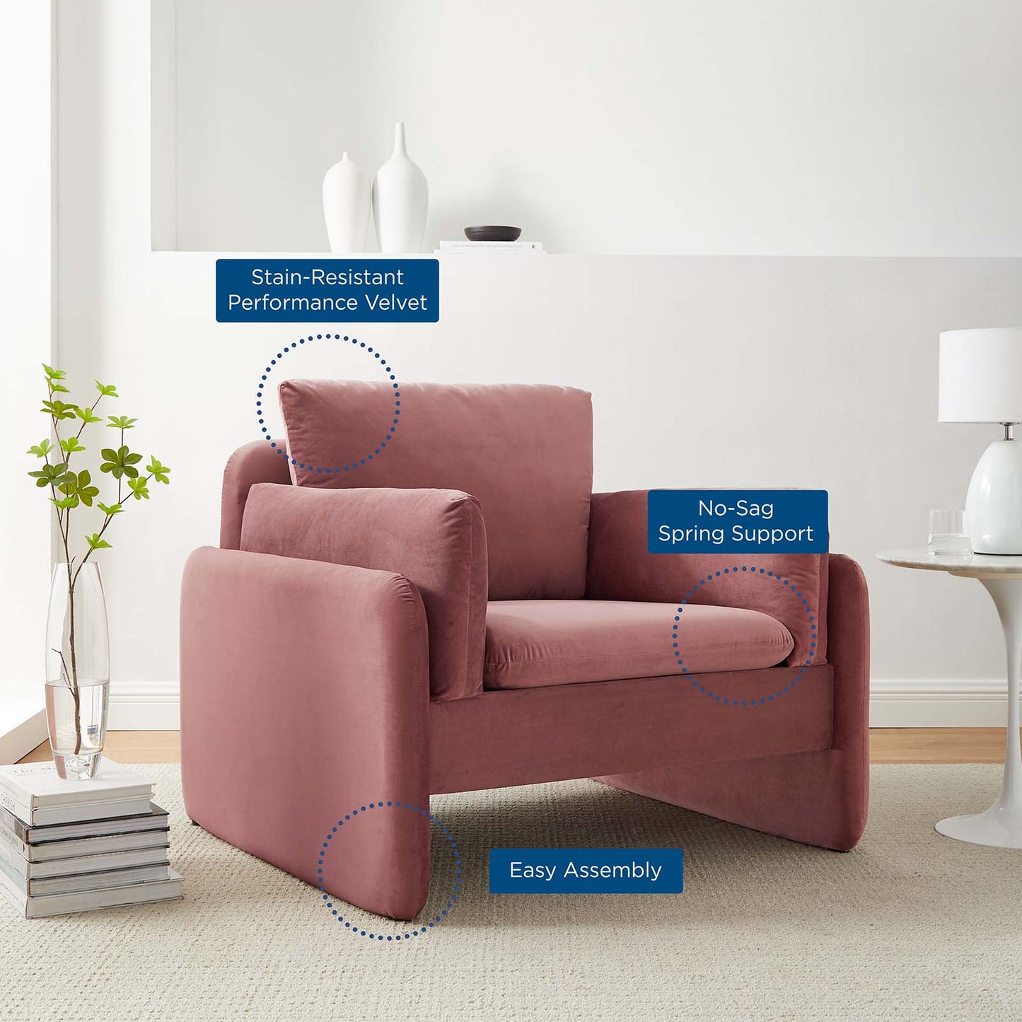 Indicate Performance Velvet Armchair, Velvet, Pink, 23316
