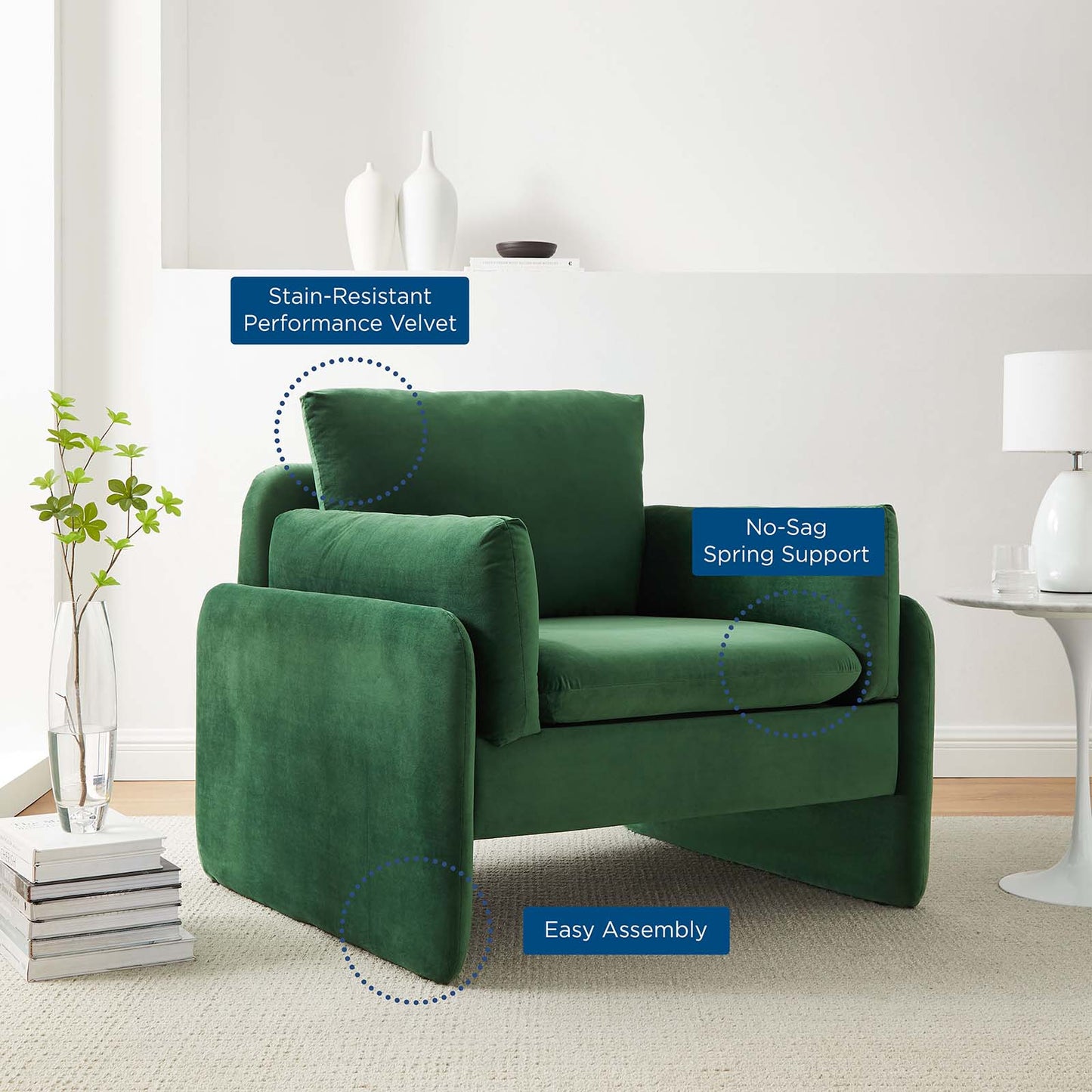 Indicate Performance Velvet Armchair, Velvet, Green, 23317