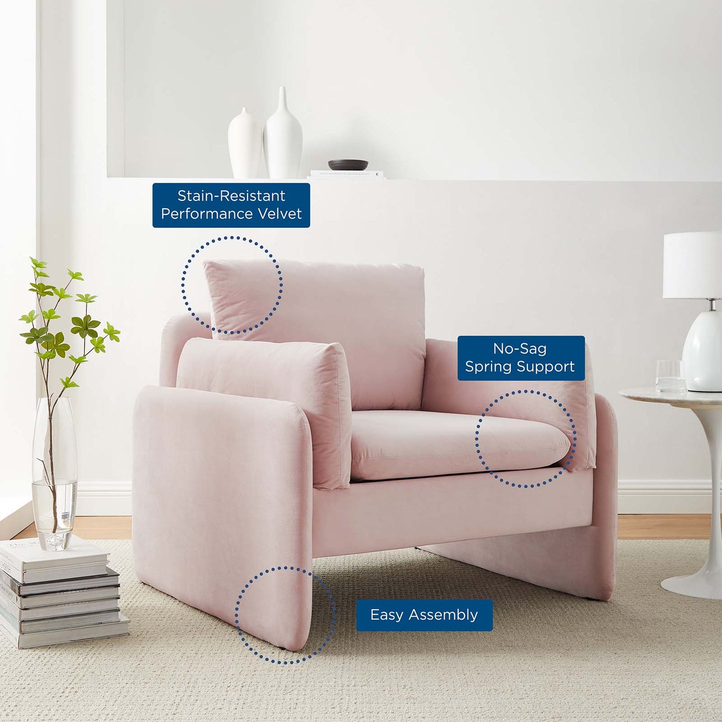 Indicate Performance Velvet Armchair, Velvet, Pink, 23320