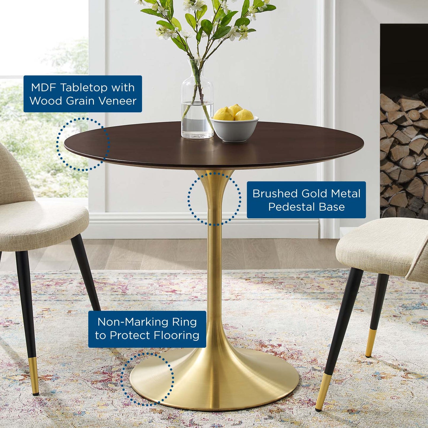 Lippa 36" Wood Dining Table, Wood, Gold Dark Brown Brown Walnut, 20912