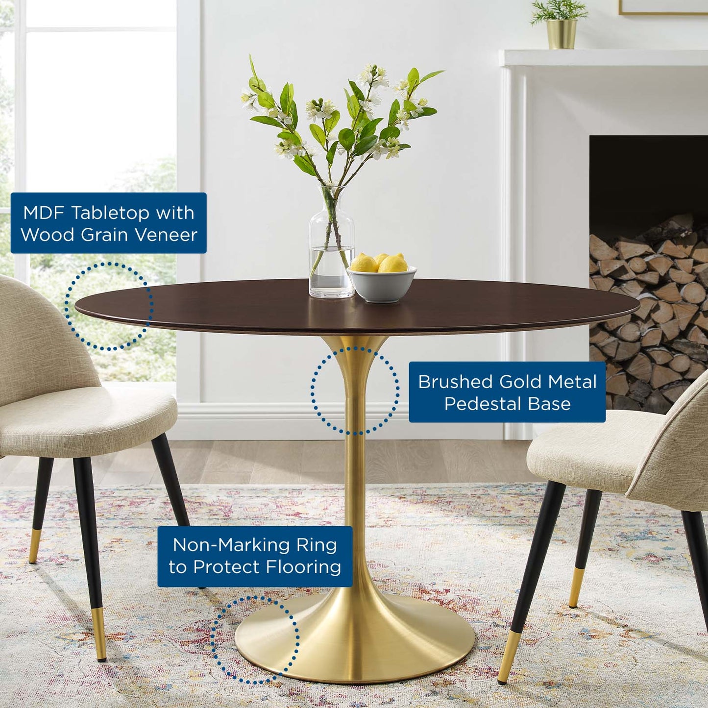 Lippa 48" Oval Wood Dining Table, Wood, Gold Dark Brown Brown Walnut, 20914