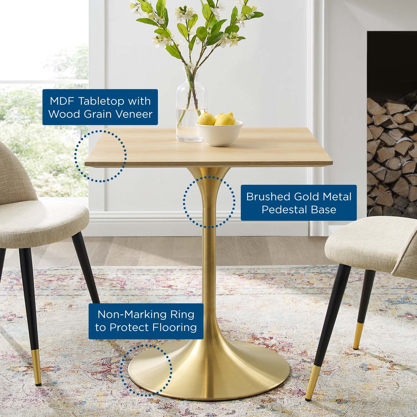 Lippa 28" Square Wood Dining Table, Wood, Gold Brown Natural, 20919