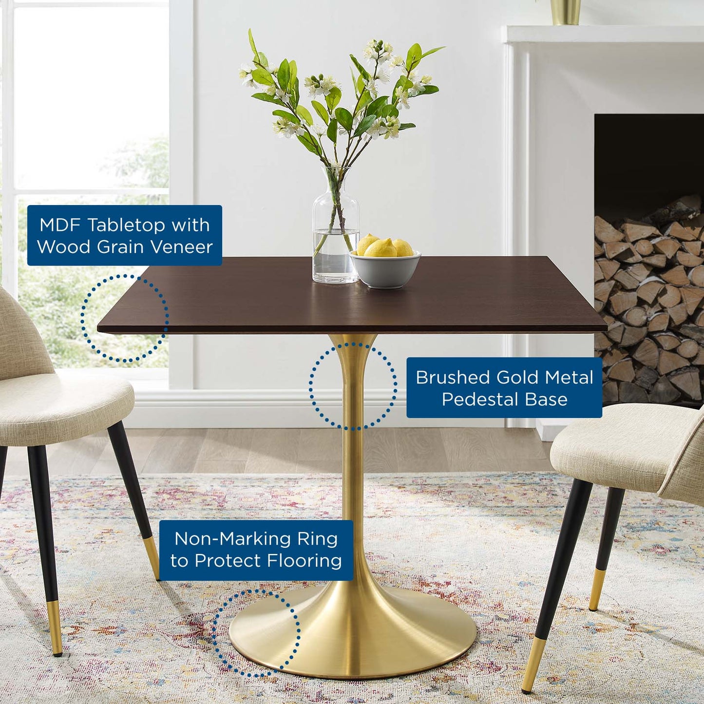 Lippa 36" Square Wood Dining Table, Wood, Gold Dark Brown Brown Walnut, 20920