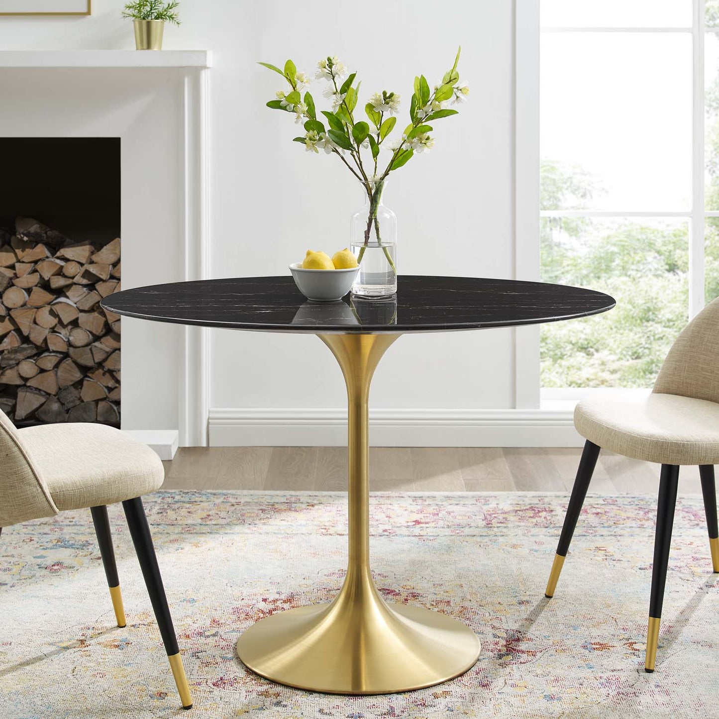 Lippa 42" Oval Artificial Marble Dining Table, Artificial Marble, Metal Steel, Gold Black, 20924