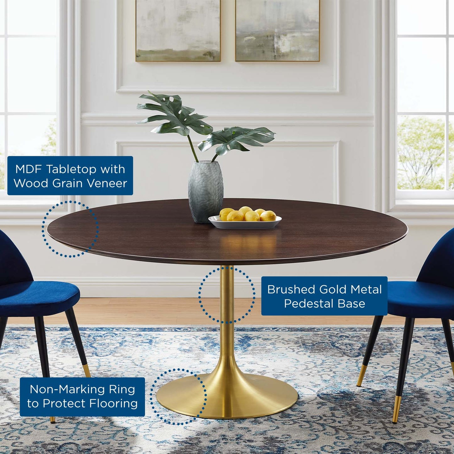 Lippa 60" Wood Dining Table, Wood, Gold Dark Brown Brown Walnut, 20930