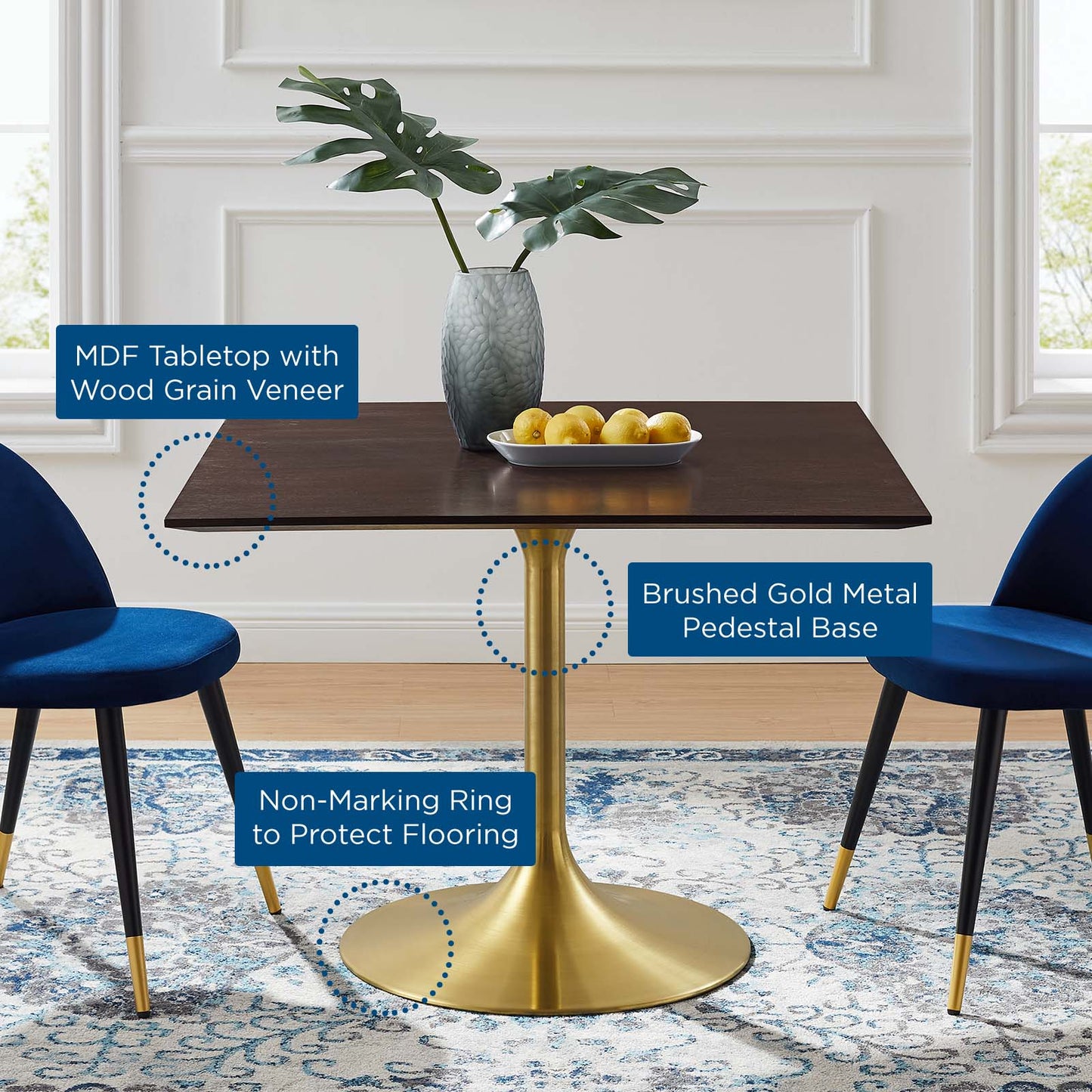 Lippa 40" Square Wood Dining Table, Wood, Gold Dark Brown Brown Walnut, 20932