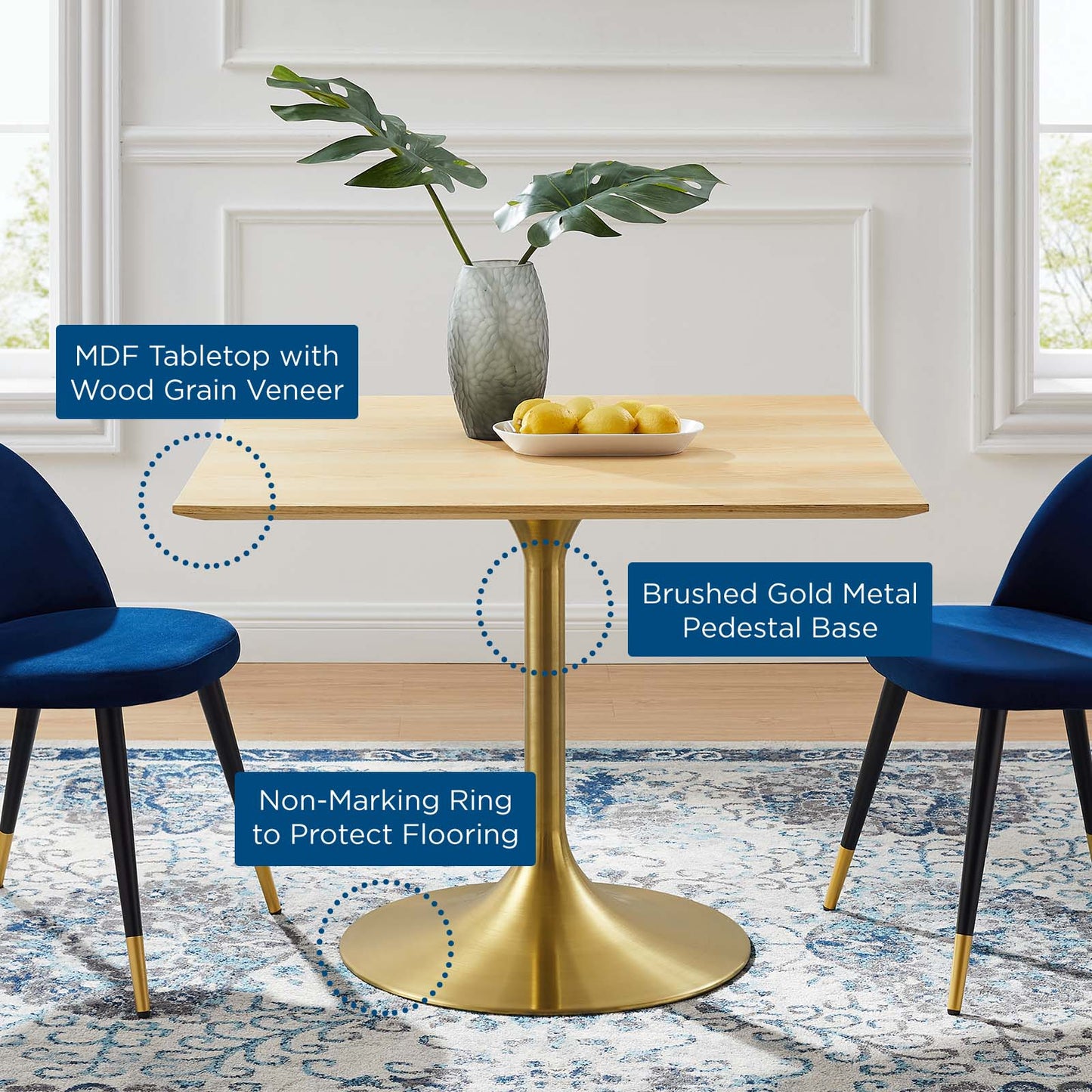 Lippa 40" Square Wood Dining Table, Wood, Gold Brown Natural, 20933