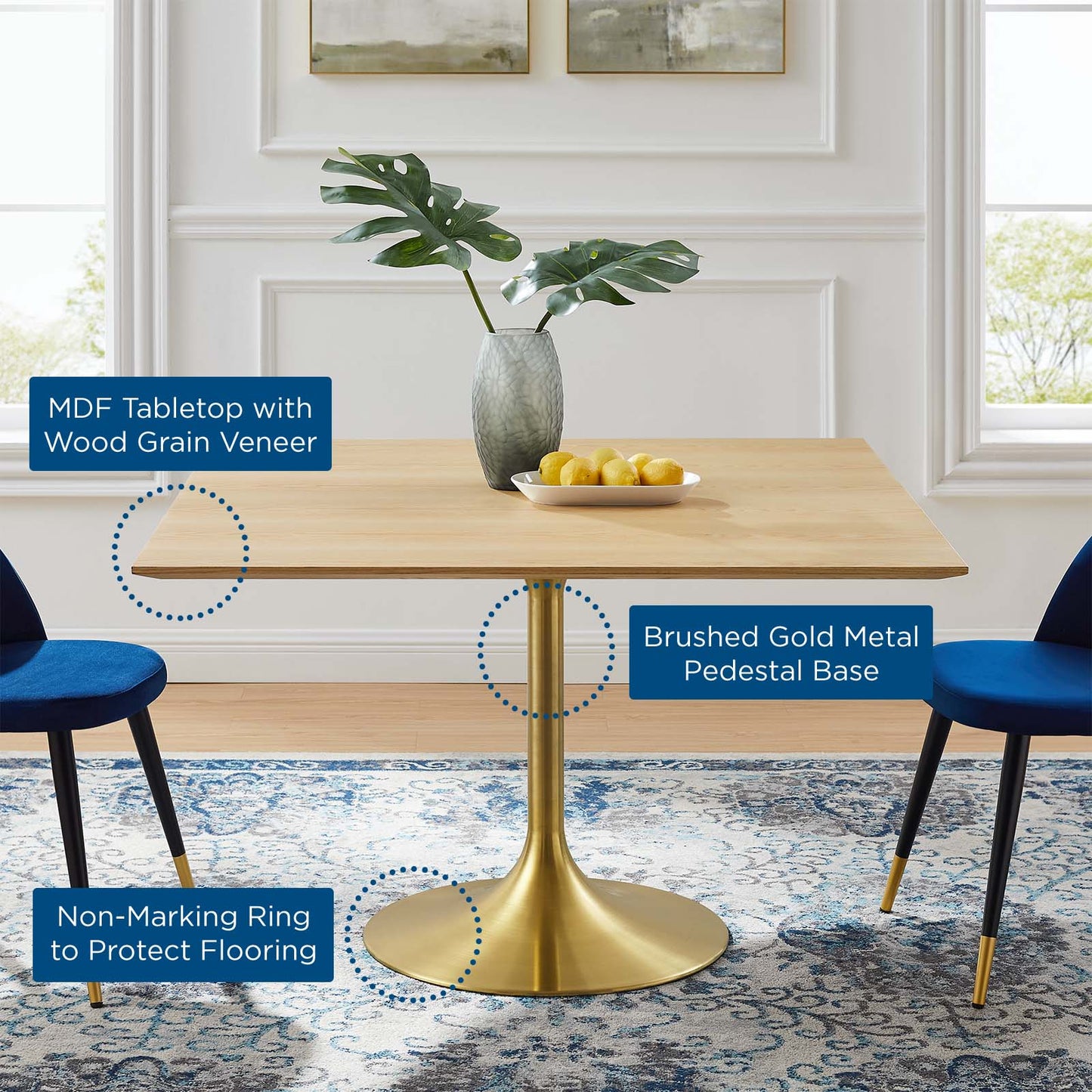 Lippa 47" Square Wood Dining Table, Wood, Gold Brown Natural, 20935