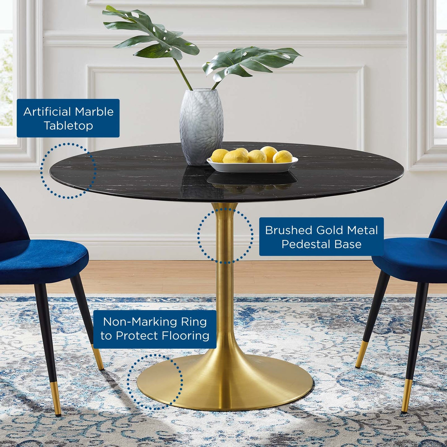 Lippa 47" Artificial Marble Dining Table, Artificial Marble, Metal Steel, Gold Black, 20937