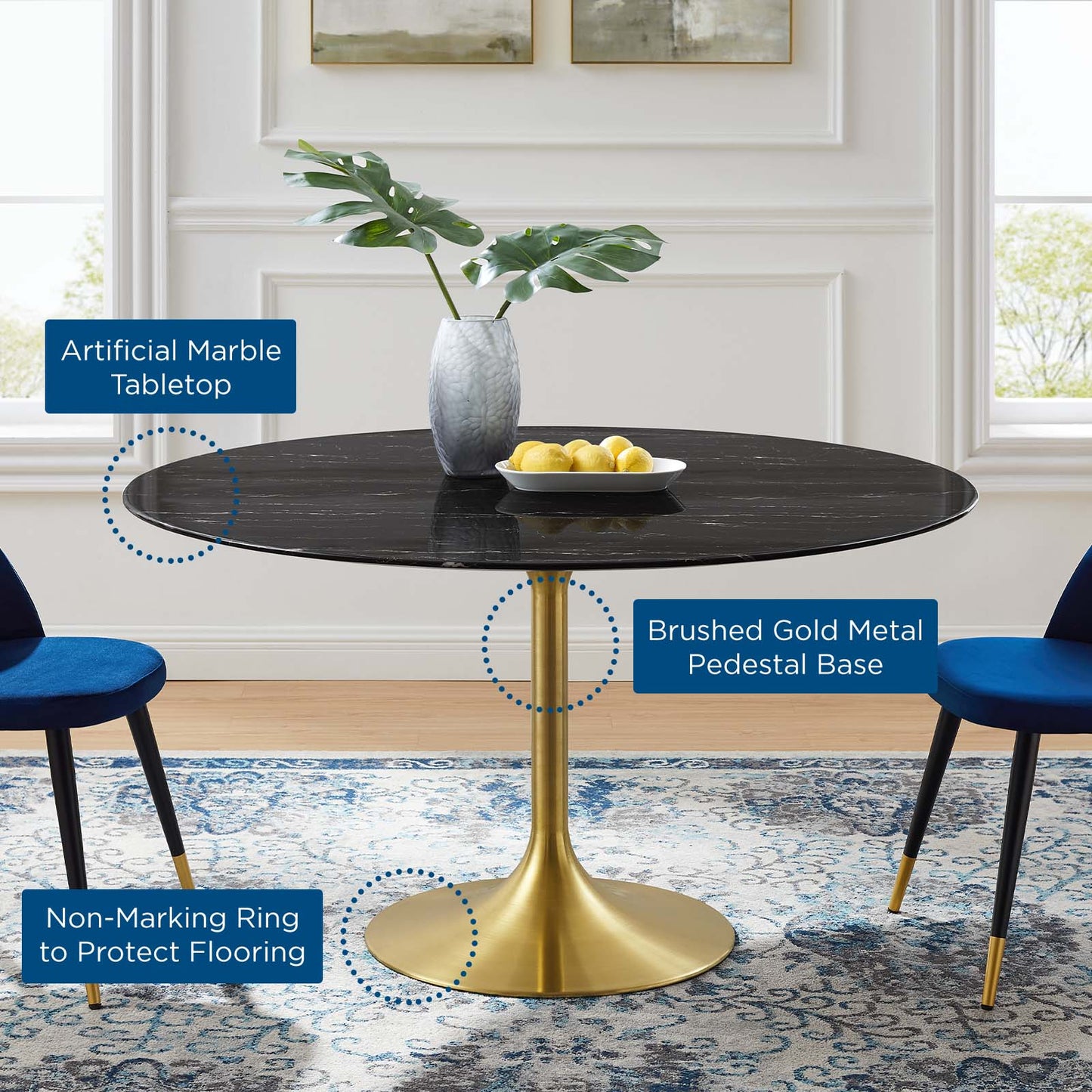 Lippa 54" Artificial Marble Dining Table, Artificial Marble, Metal Steel, Gold Black, 20938