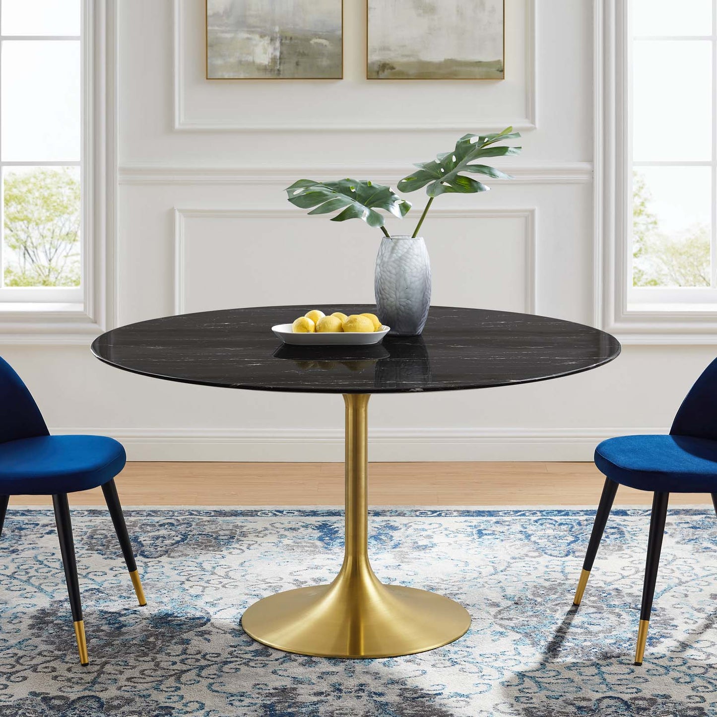 Lippa 54" Artificial Marble Dining Table, Artificial Marble, Metal Steel, Gold Black, 20938