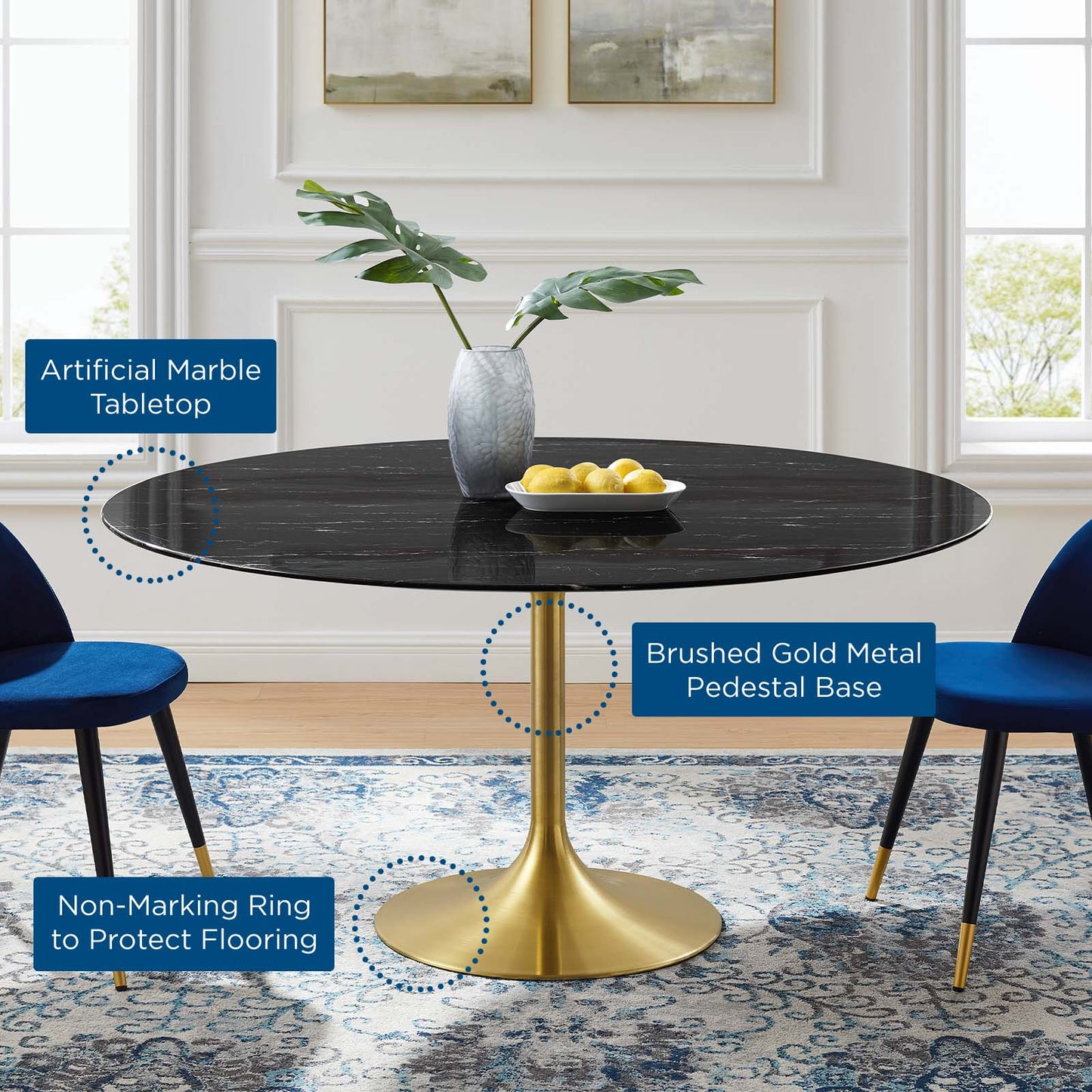 Lippa 60" Artificial Marble Dining Table, Artificial Marble, Metal Steel, Gold Black, 20939
