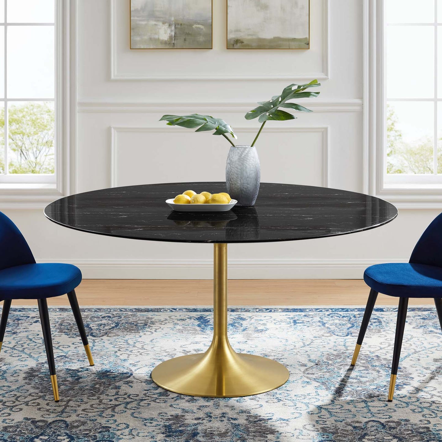 Lippa 60" Artificial Marble Dining Table, Artificial Marble, Metal Steel, Gold Black, 20939