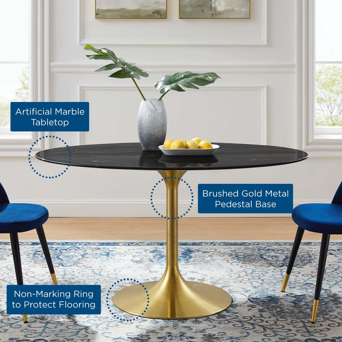 Lippa 54" Oval Artificial Marble Dining Table, Artificial Marble, Metal Steel, Gold Black, 20940