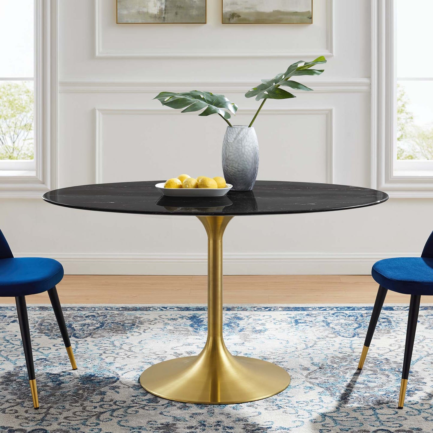 Lippa 54" Oval Artificial Marble Dining Table, Artificial Marble, Metal Steel, Gold Black, 20940