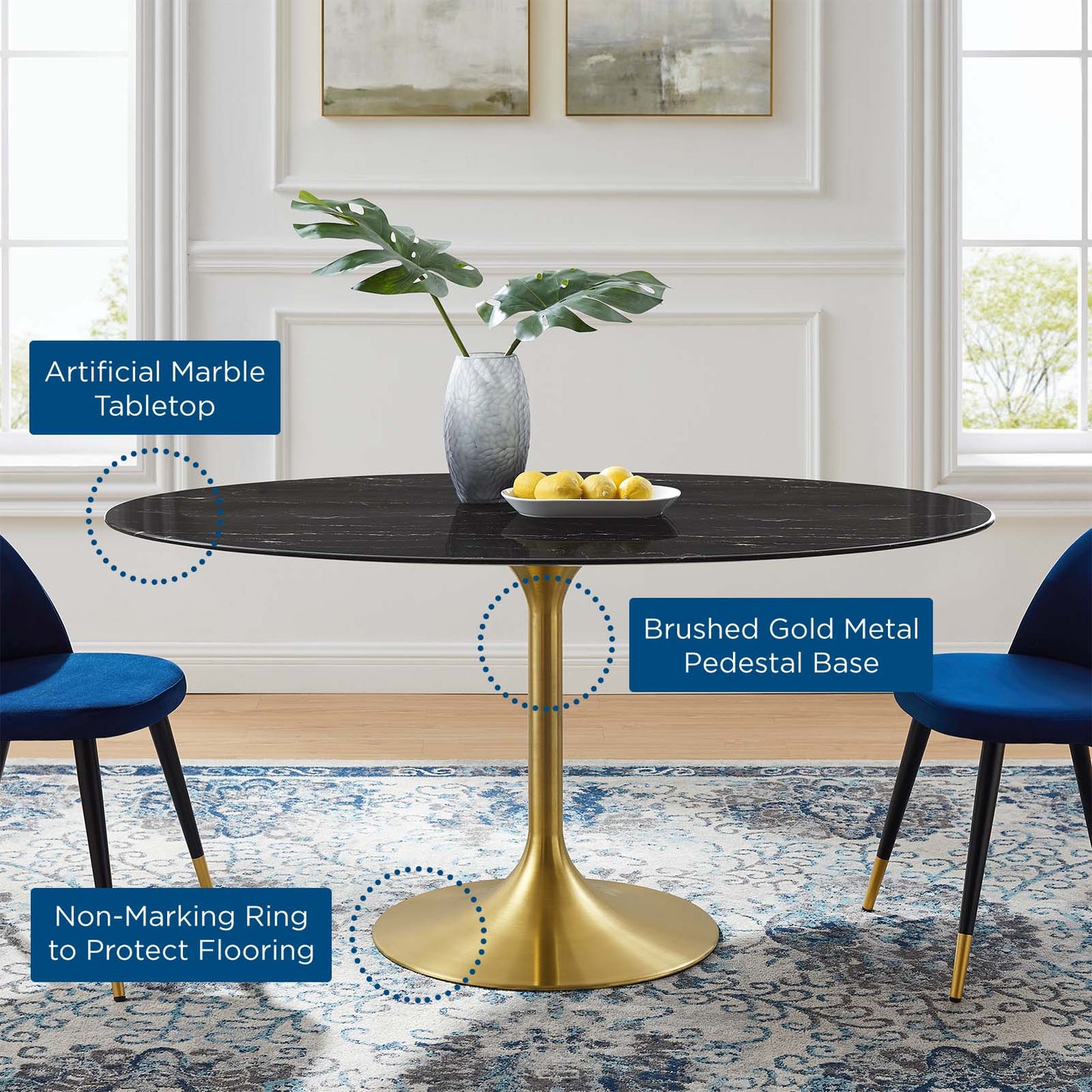 Lippa 60" Oval Artificial Marble Dining Table, Artificial Marble, Metal Steel, Gold Black, 20941