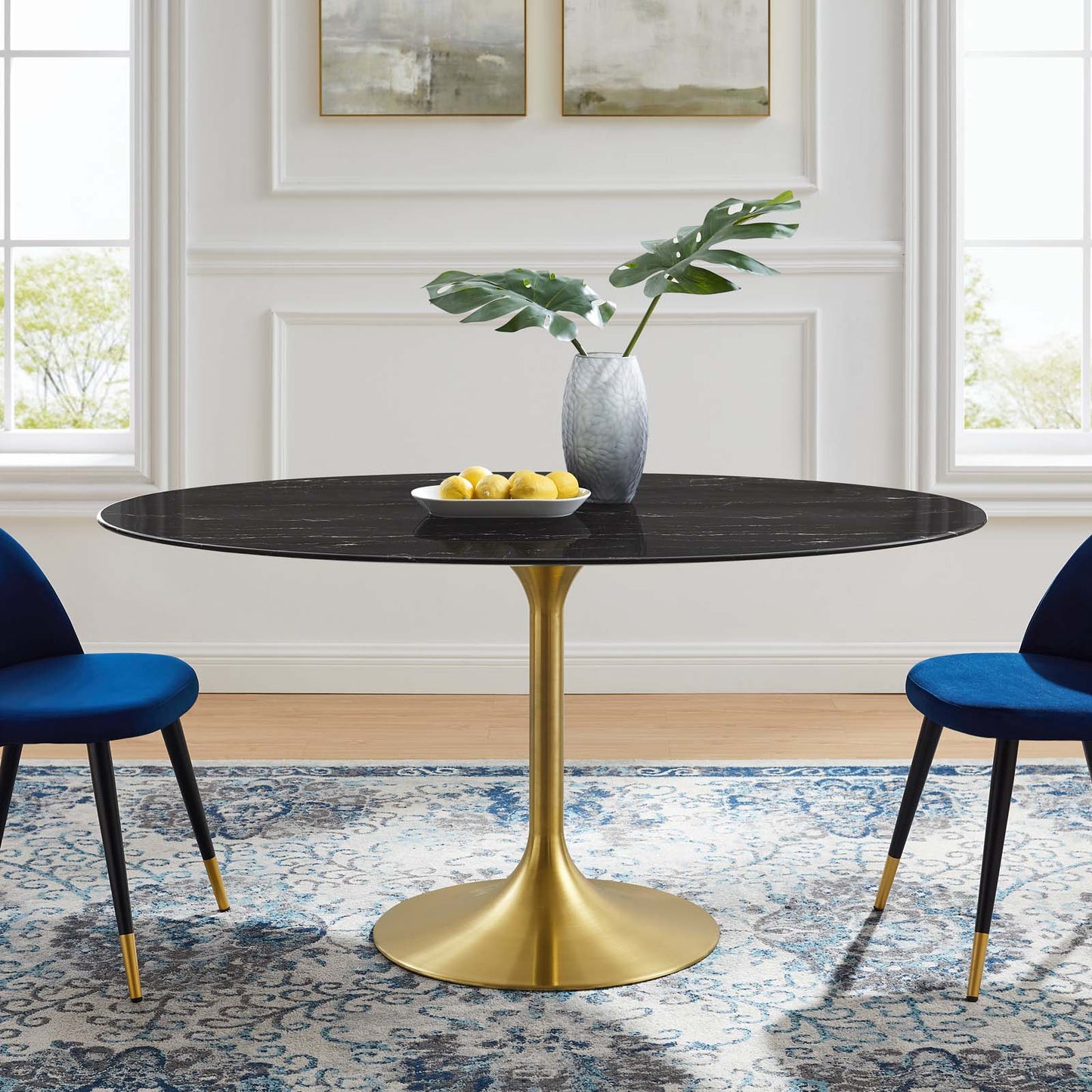 Lippa 60" Oval Artificial Marble Dining Table, Artificial Marble, Metal Steel, Gold Black, 20941