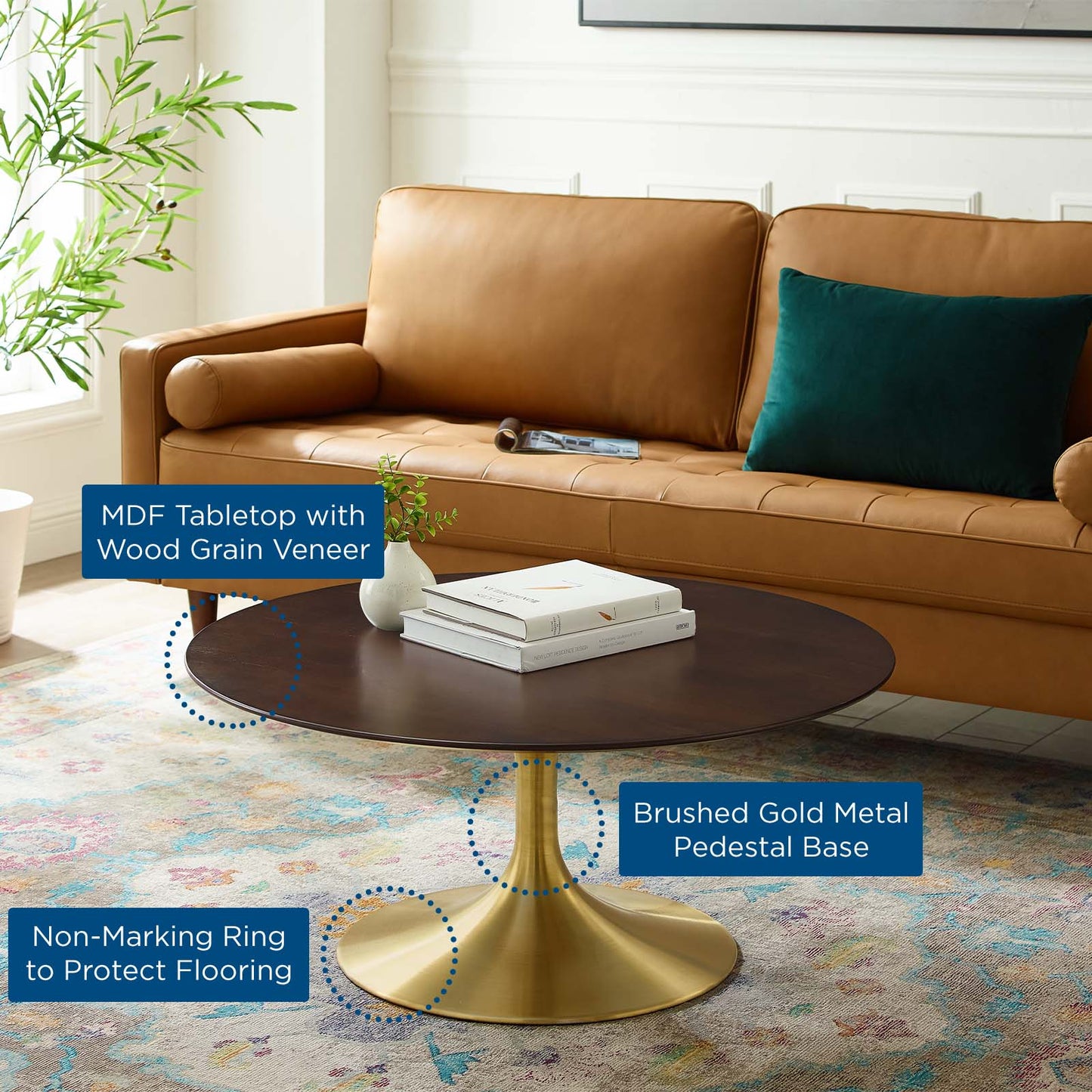 Lippa 36" Wood Coffee Table, Wood, Metal Steel, Gold Dark Brown Brown Walnut, 20942